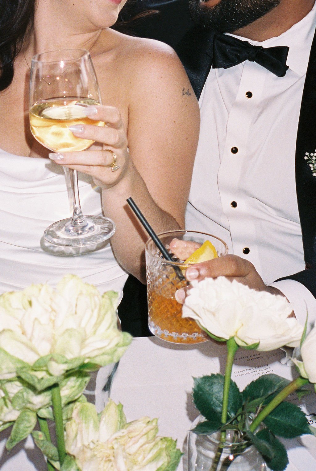 BRIDE GROOM WEDDING COCKTAILS WHITE FLORAL FLOWERS