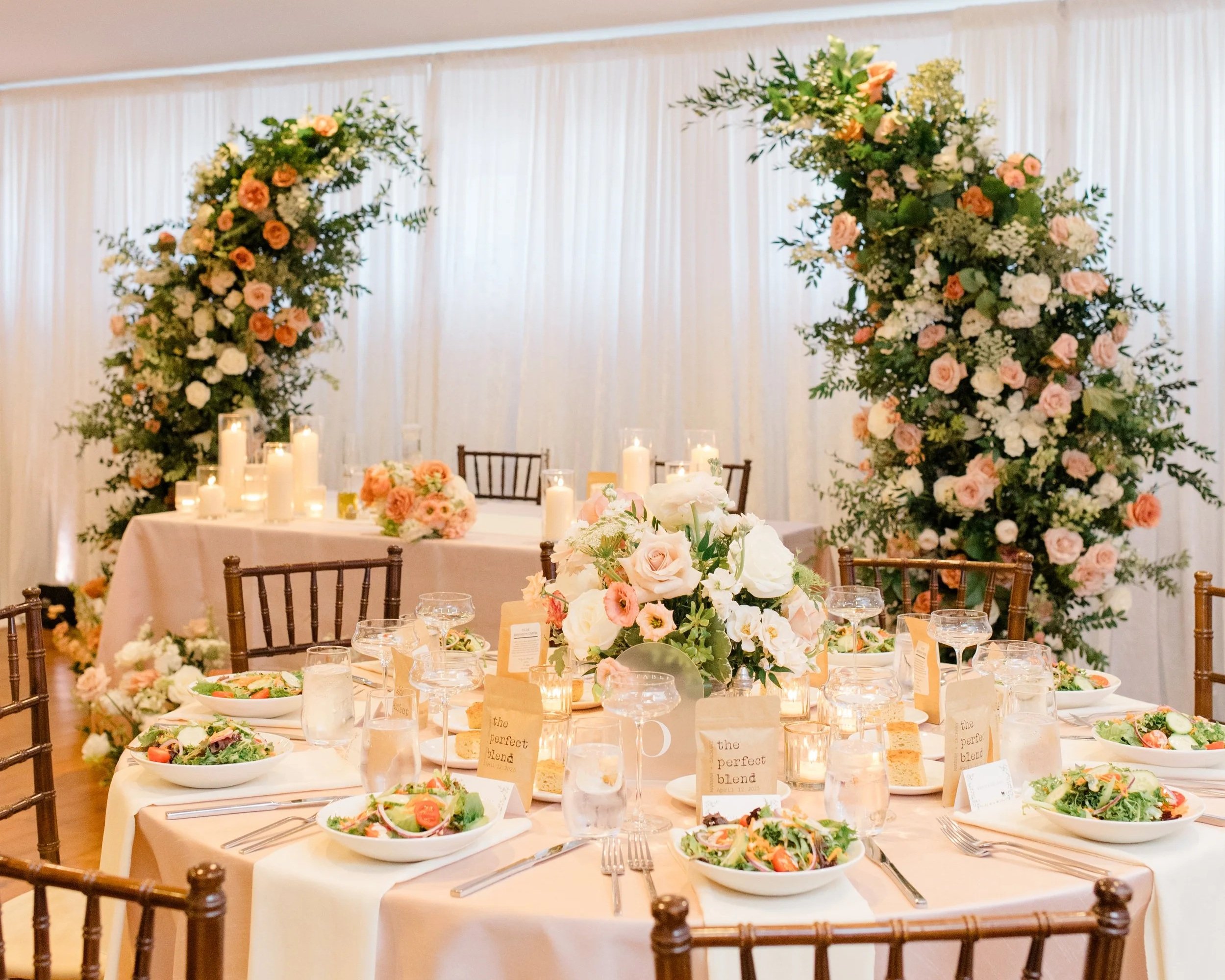 WEDDING RECEPTION FLORAL ARCH FLOWER CENTERPIECE PINK BLUSH WHITE HERRINGTON ON THE BAY