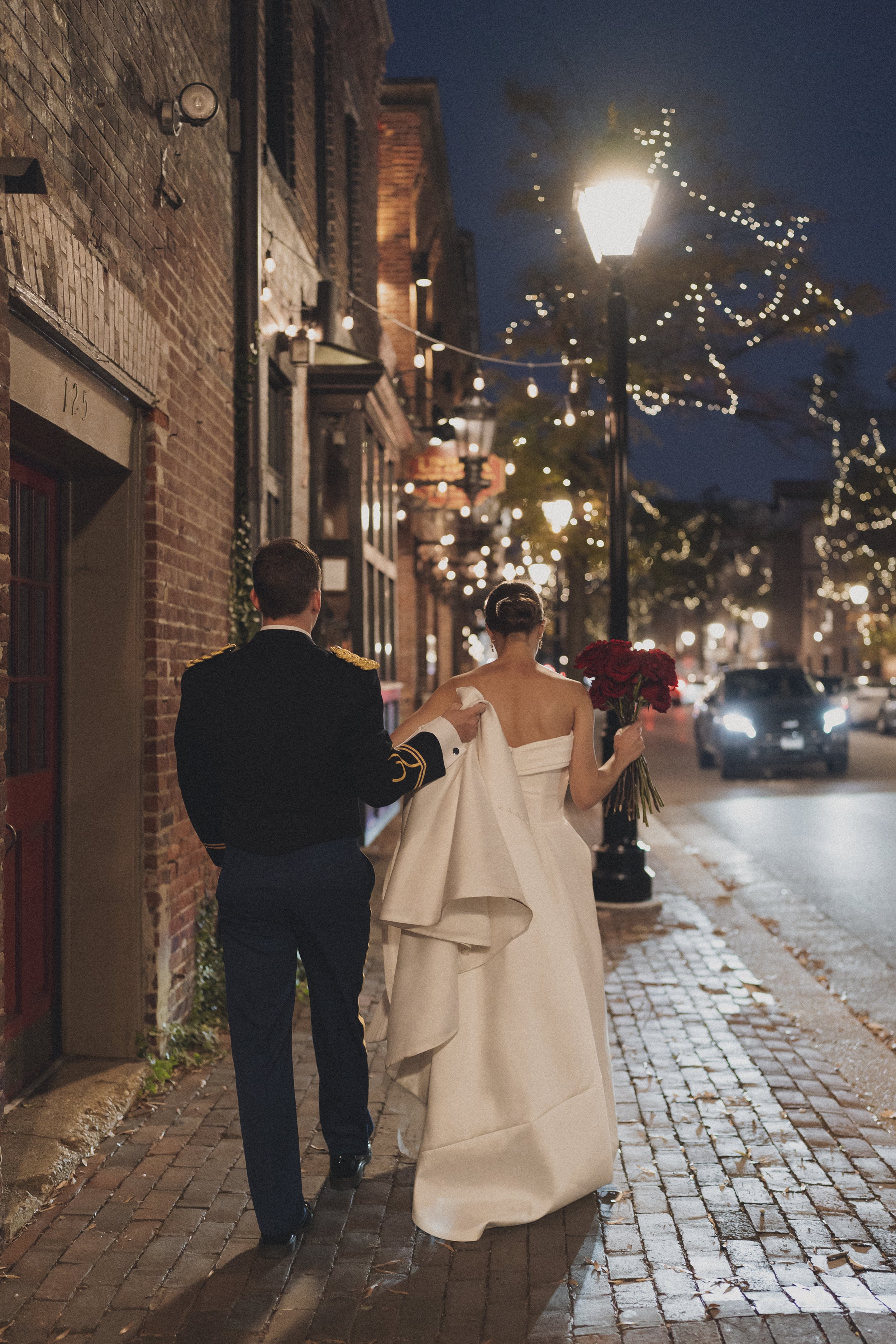 BRIDE GROOM MOONLIGHT STROLL RED ROSE BRIDAL BOUQUET OLD TOWN ALEXANDRIA VIRGINIA