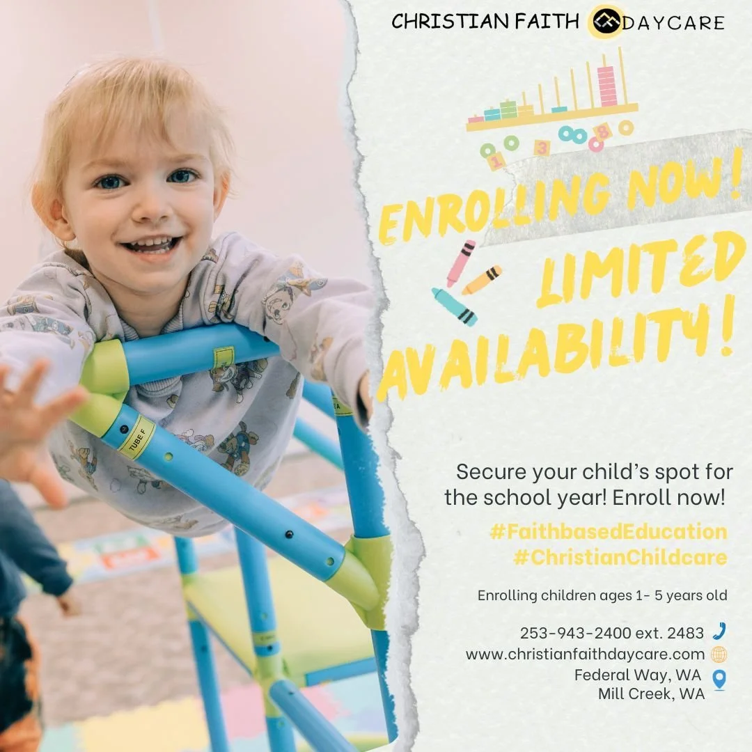 Enrolling for Federal Way and Mill Creek!

#daycare #childcare #fun #toddlers #preschool #friends #learning #enrollnow #limitedtime #backtoschool #christiandaycare #federalway #millcreek #earlylearning #kids #children #christian #education