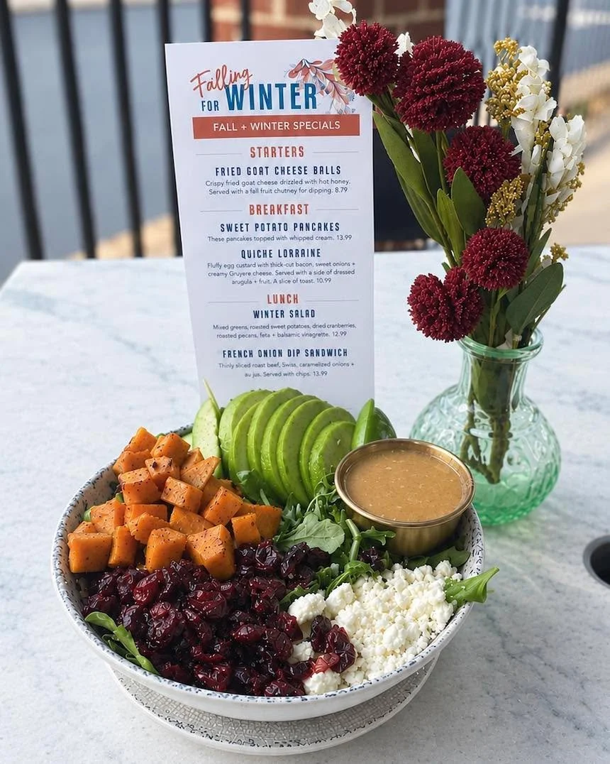 Enjoy a taste of fall in every bite of our new Winter Salad: arugula blend, topped with crisp Granny Smith apples, cranberries, sweet potatoes + goat cheese, and a drizzle of bacon pepper jelly vinaigrette.