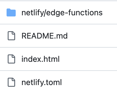 Computer file directory showing folders and files related to a project, including 'netlify/edge-functions', 'README.md', 'index.html', and 'netlify.toml'.