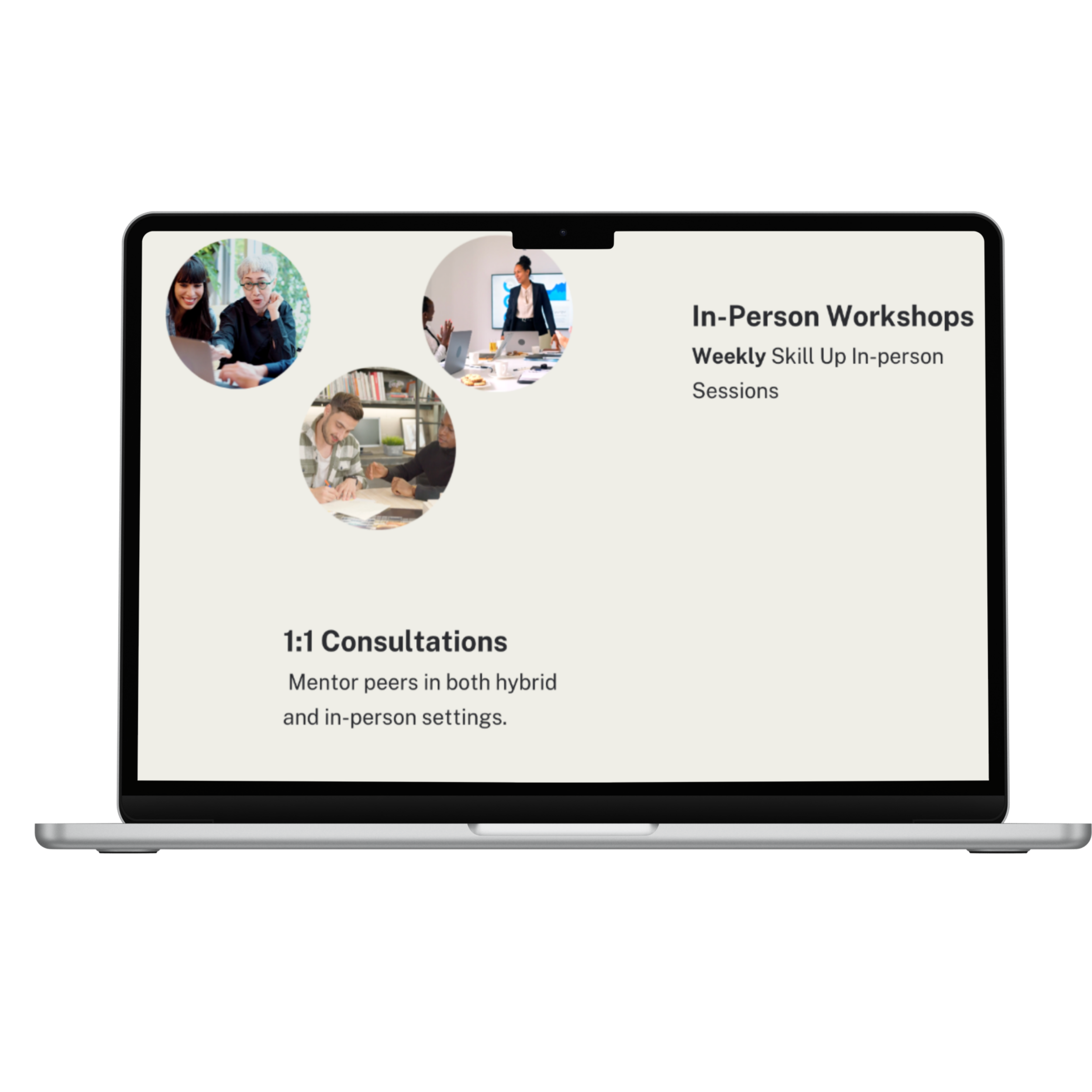 Tablet displaying online in-person workshops, with photos of diverse groups of people in meetings and training sessions.