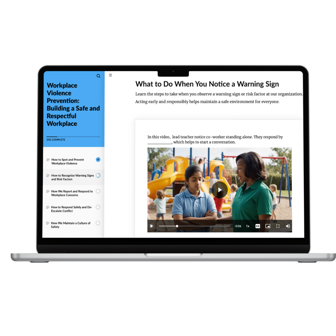 Laptop screen displaying an online training module on workplace violence prevention, with a video showing a woman and a girl at a playground.