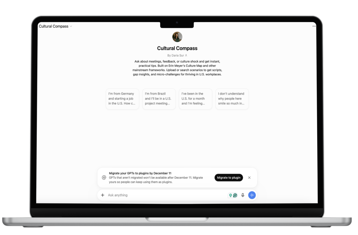 A laptop screen displaying a Chat GPT webpage titled 'Cultural Compass' with a profile picture, description, and several user comments or statements.