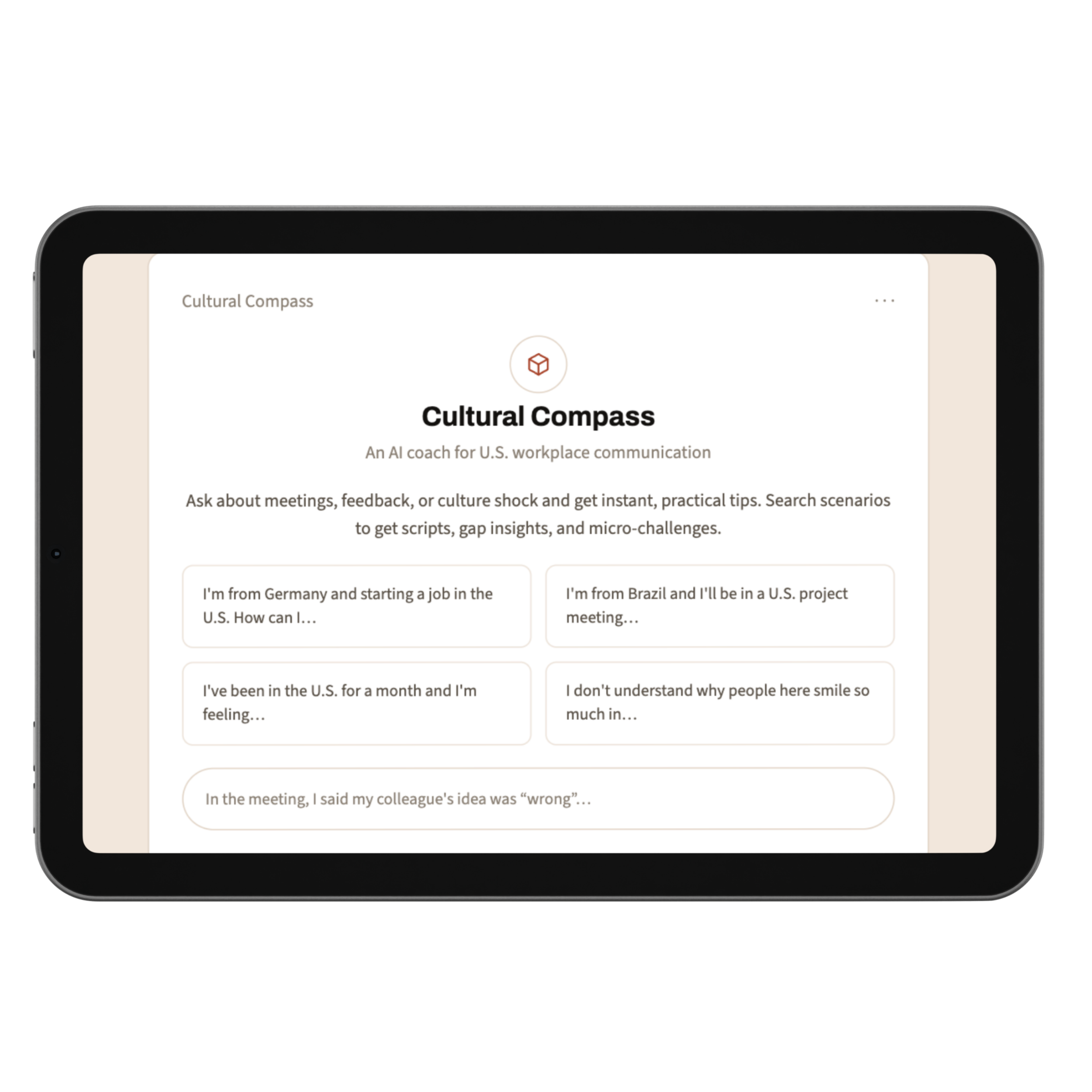 Close-up of a tablet screen displaying the Cultural Compass application with a brief description and user comments about U.S. workplace culture.