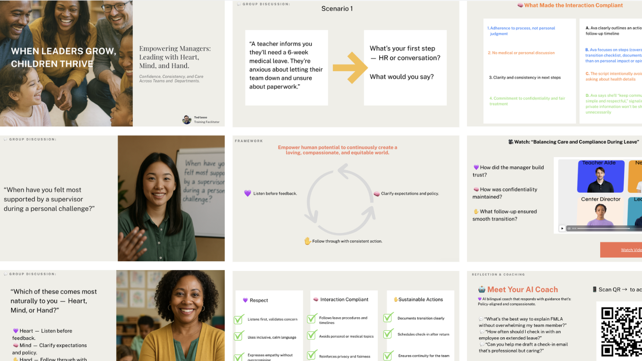 Screenshot of a presentation or training material with images of diverse people, discussing leadership, trust, and coaching, with text and graphics about empowering managers, team feedback, and coaching principles.