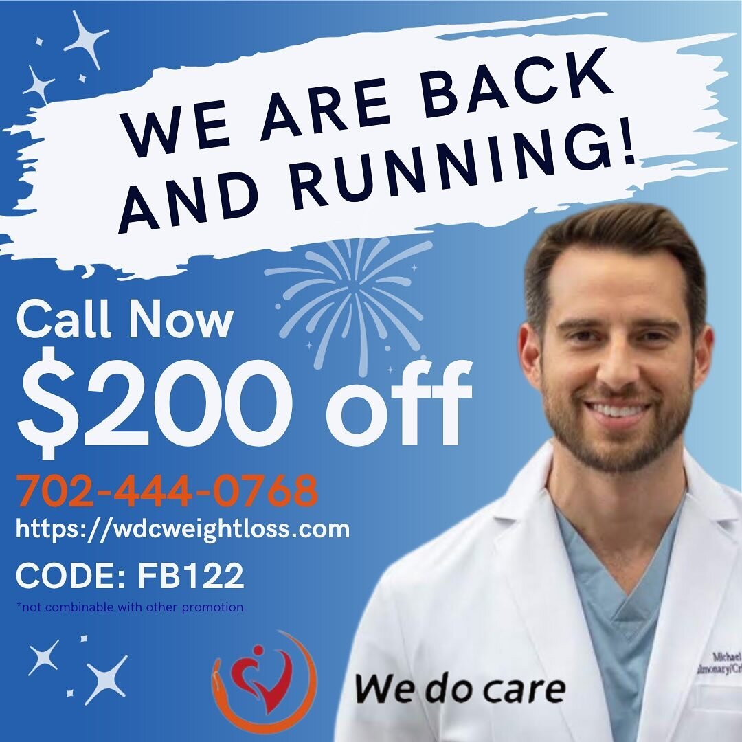 🌟 We&rsquo;re Back and Ready for Action!&nbsp;🌟
🌟 After a short break, We Do Care Weight Loss is back and running! 🏃&zwj;♂️💨
🎉&nbsp;To celebrate our return, we&rsquo;re offering an exclusive deal just for you. Call now at 702-444-0768 and menti