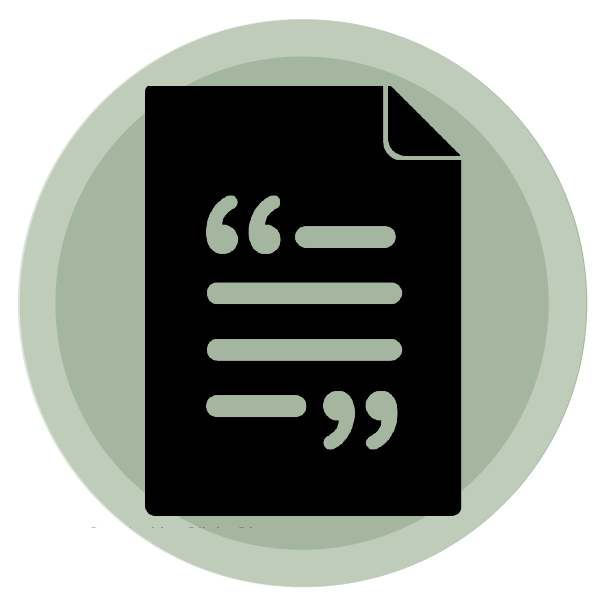 Icon of a document with quotation marks and lines representing text inside a circle.