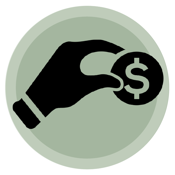 A hand holding a coin with a dollar sign on it.