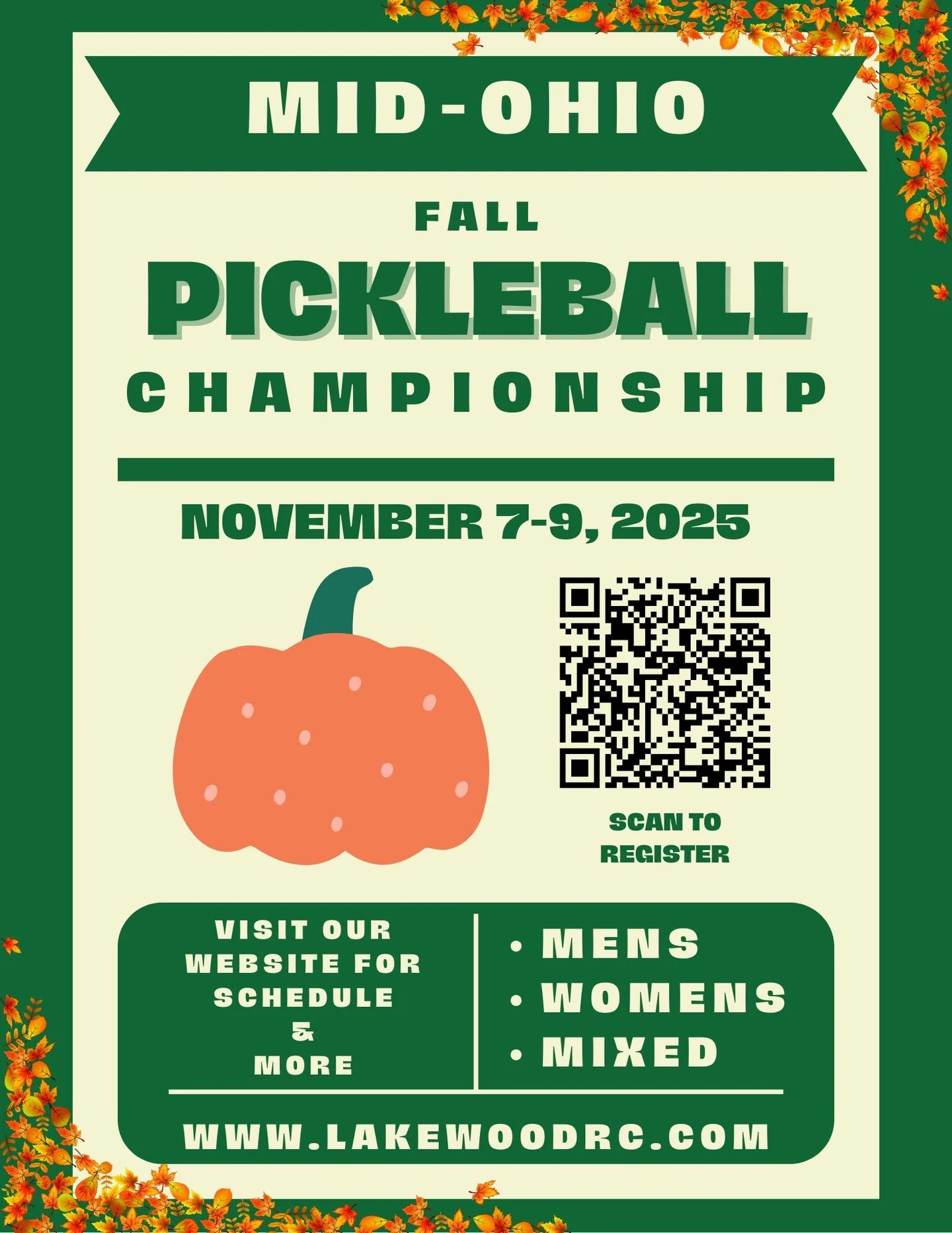 Sign up for our Mid-Ohio Fall Pickleball Tournament! 
If you have any questions you may find the answer on our website, or give us a call here at Lakewood. 419-884-3043
 
We are so very excited for this event!
https://pickleballtournaments.com/tour