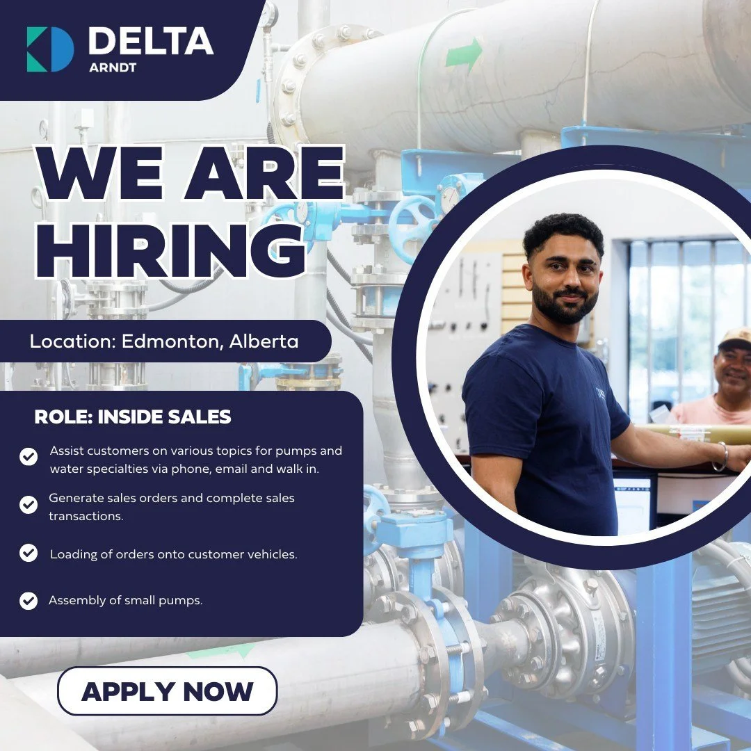 Delta Arndt is looking for a full-time Technical Inside Sales employee that will assist our customers on a wide variety of topics for pumps and water specialties. This team member will also work with the sales team and provide ongoing support where r