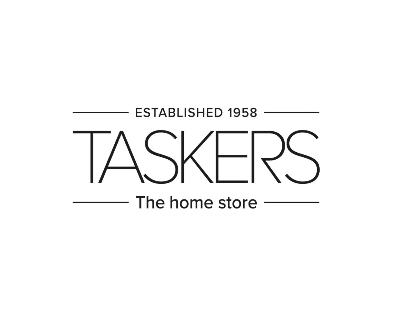 Logo for Taskers, a home store established in 1958, in black and white.