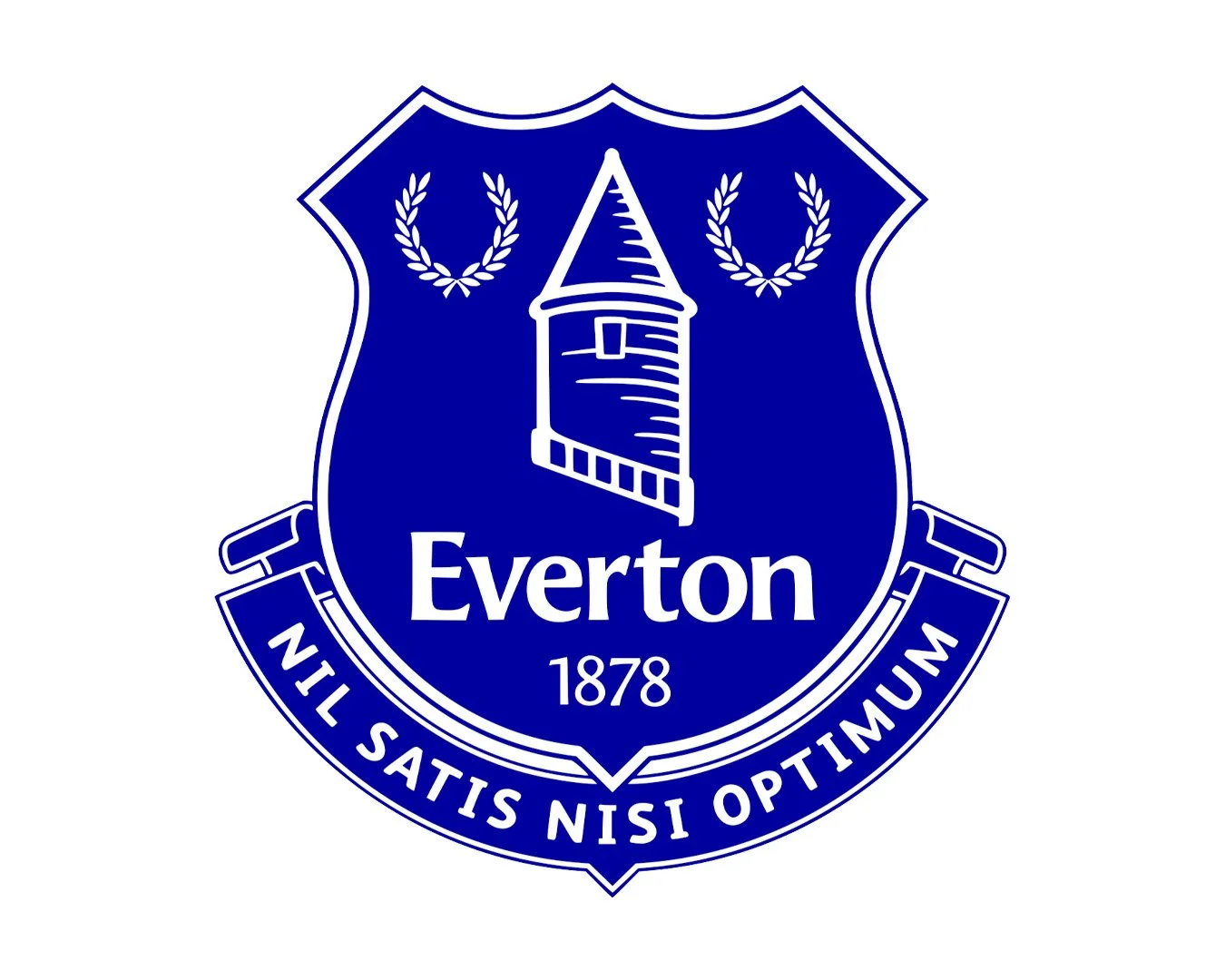 Everton Football Club crest featuring a tower, two laurel wreaths, and the motto 'Nil Satis Nisi Optimum'.