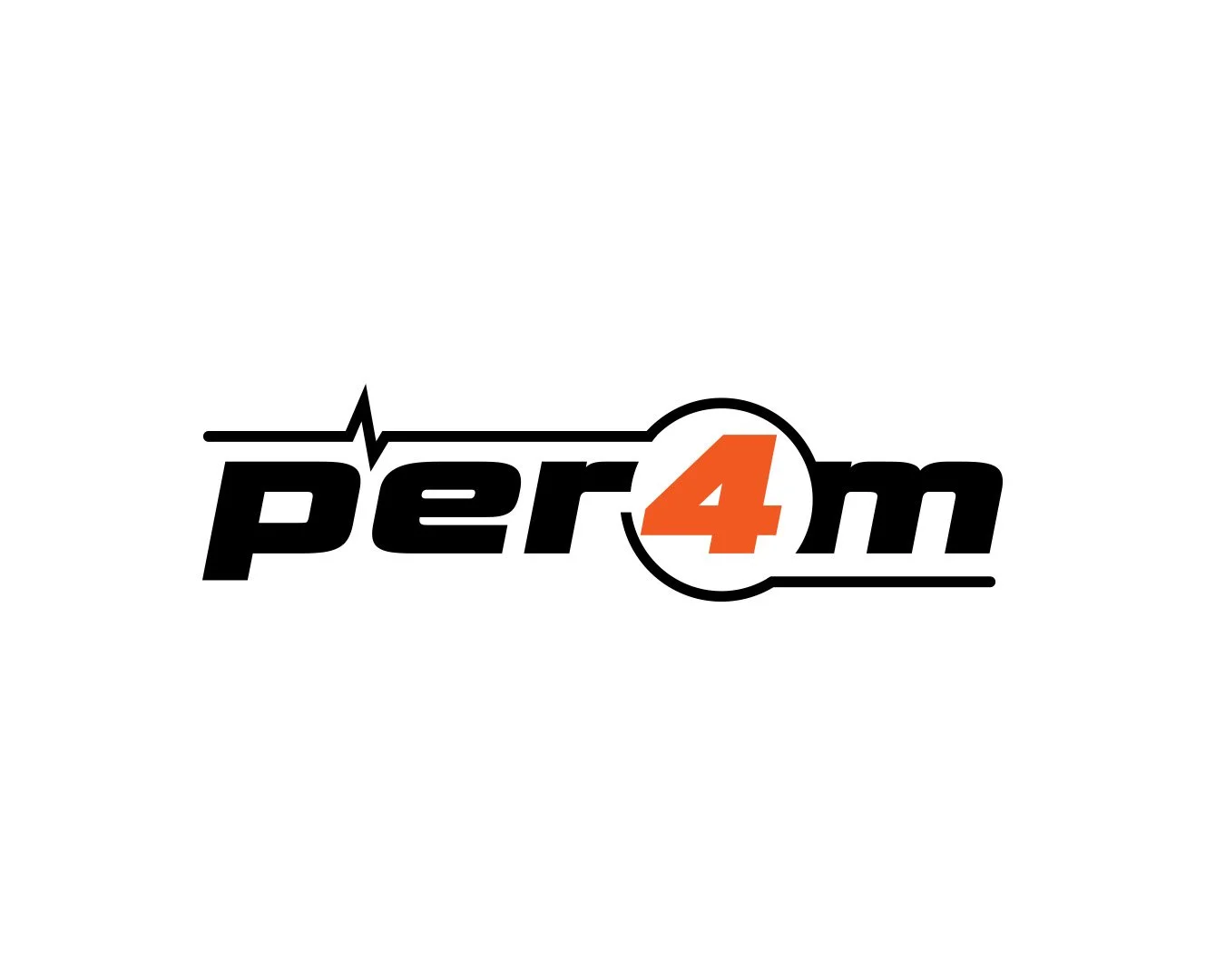 Logo with the text 'per4m', featuring a stylized heartbeat line and an orange number 4 enclosed in a circle.