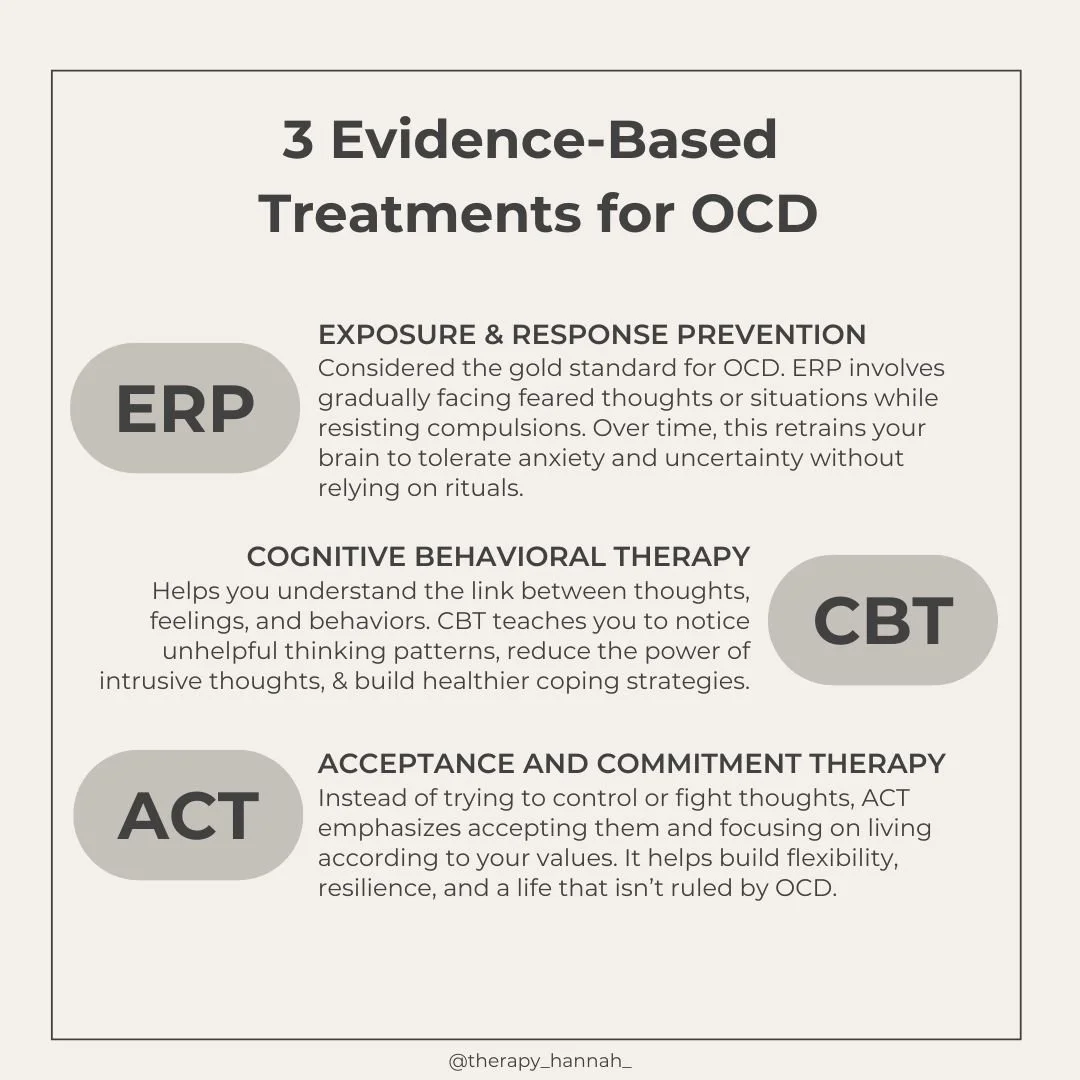 ✨ 3 Evidence-Based Treatments for OCD ✨

OCD is highly treatable, and there are several research-backed therapies that make a real difference:

🧠 Cognitive Behavioral Therapy (CBT): Builds awareness of unhelpful thought patterns and teaches skills t