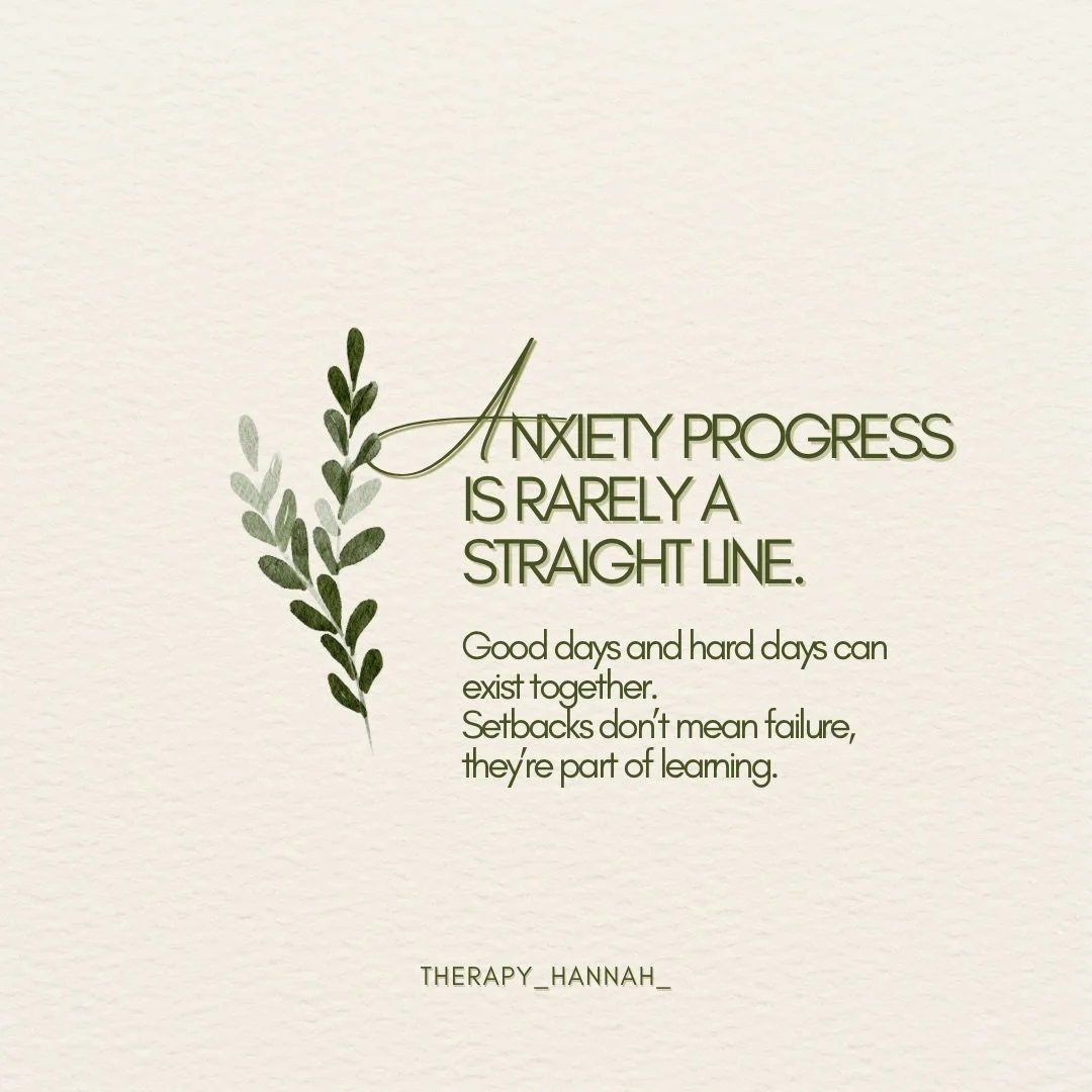 Anxiety progress includes setbacks, pauses, and hard days&mdash;even when things are improving overall. This is normal and expected, not a sign that you&rsquo;re doing it wrong.

👉 Follow @therapy_hannah_ for steady, evidence-based support for anxio