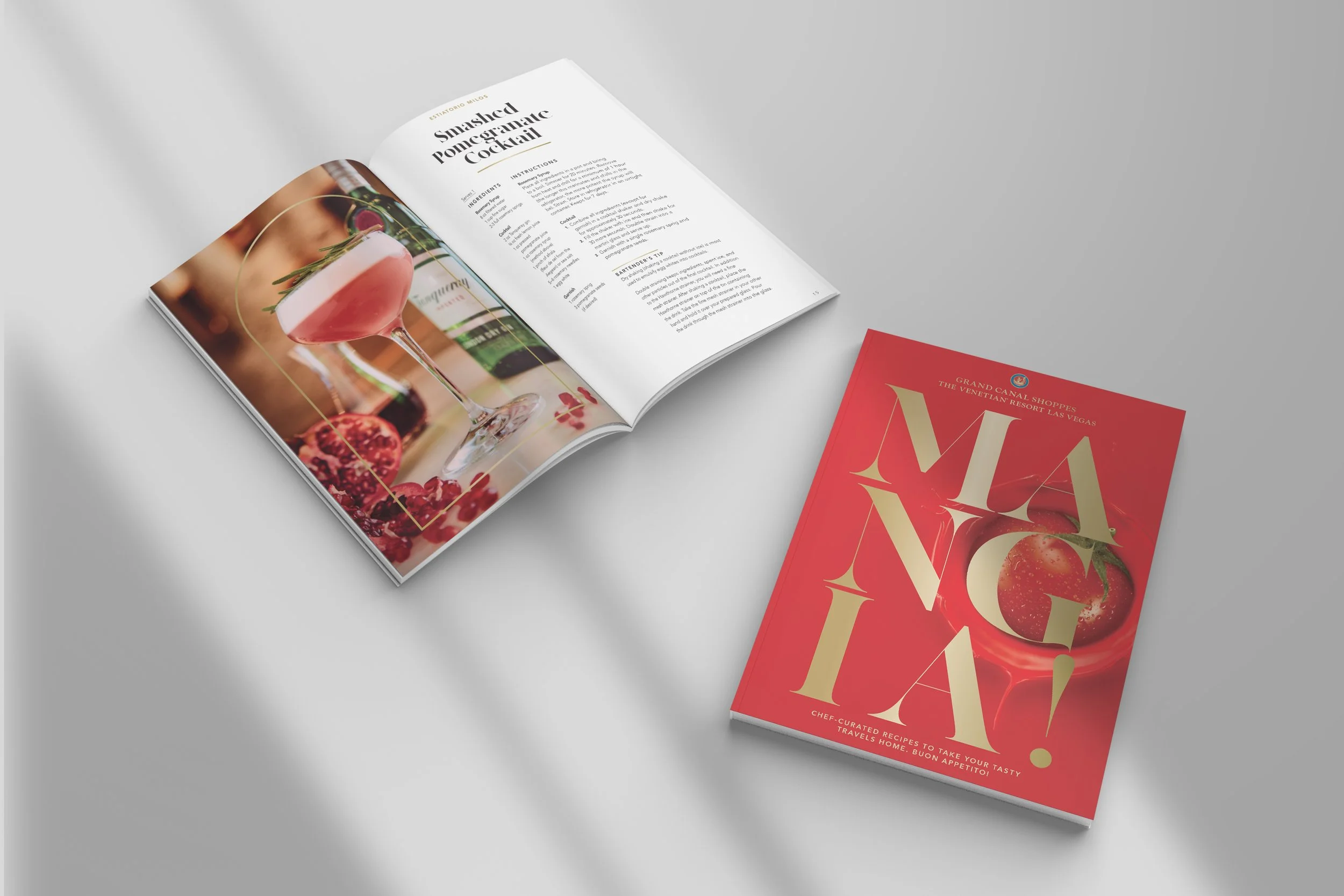Cookbook cover and  secondary hero editorial spread establishing the Mangia! brand system