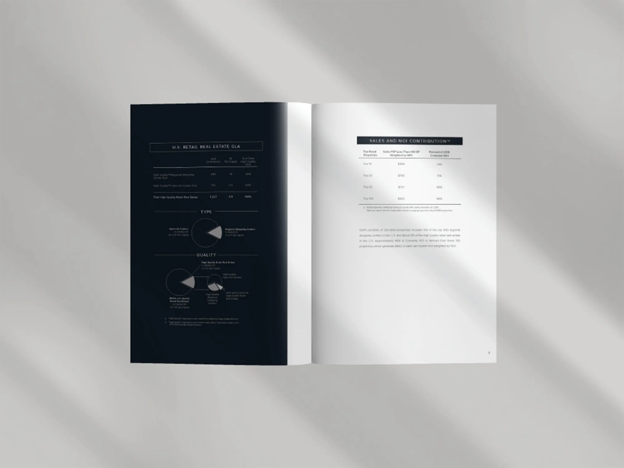 Custom data visualizations translating foot-traffic, sales, and demographic insights into executive-level leasing tools used for tenant acquisition and investor presentations.