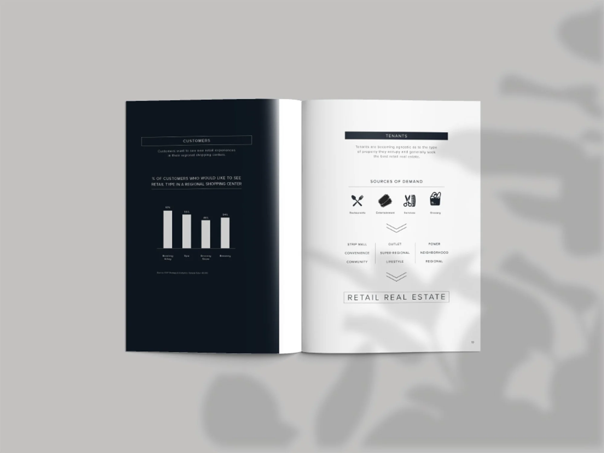 Custom data visualizations translating foot-traffic, sales, and demographic insights into executive-level leasing tools used for tenant acquisition and investor presentations.