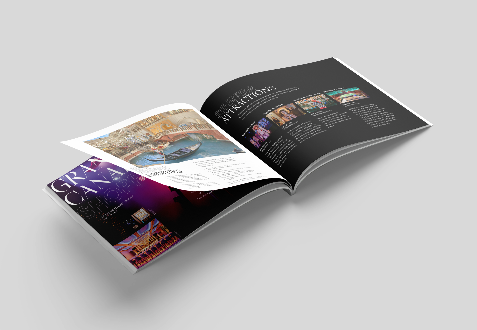 Interior editorial spreads from a multi-page destination marketing book showcasing group dining, entertainment programming, and experiential retail offerings. Layout systems were developed to support modular content updates, data-driven capacity tabl