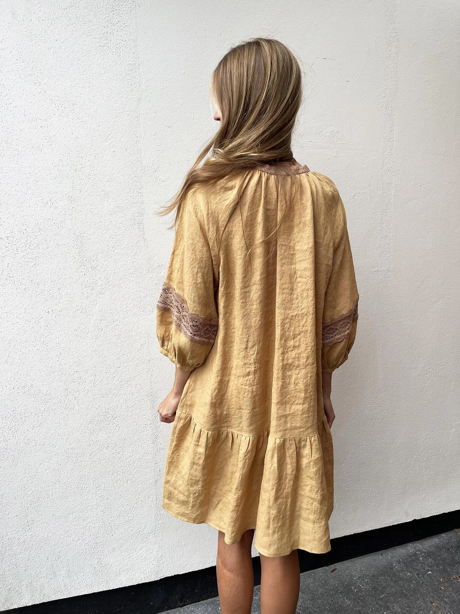 Yellow ochre Irish linen peasant dress with antique lace and ties at front neck