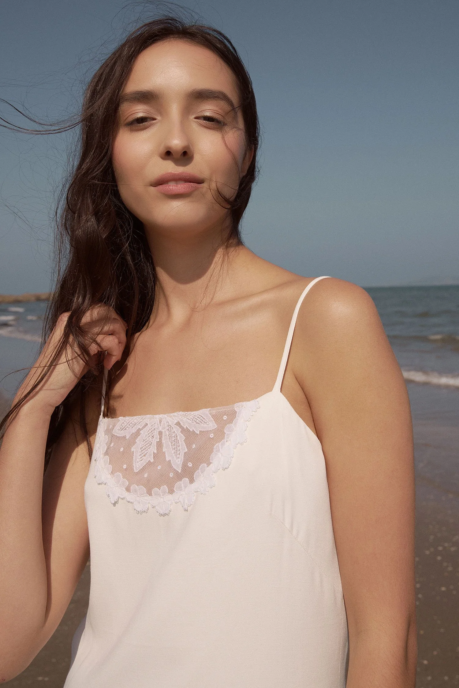 Roisin white, crepe, bridal mini dress with handmade Carrickmacross Irish lace detail