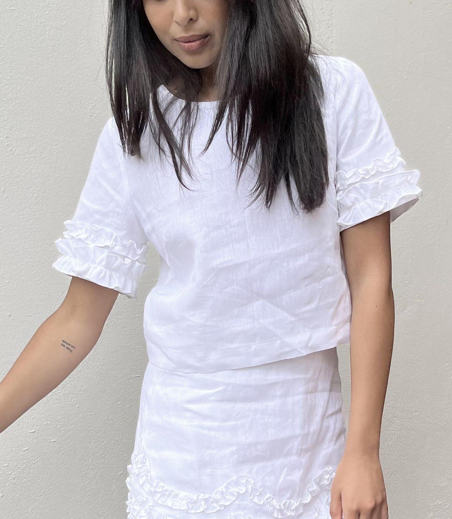 Irish linen cropped top with frills at sleeves