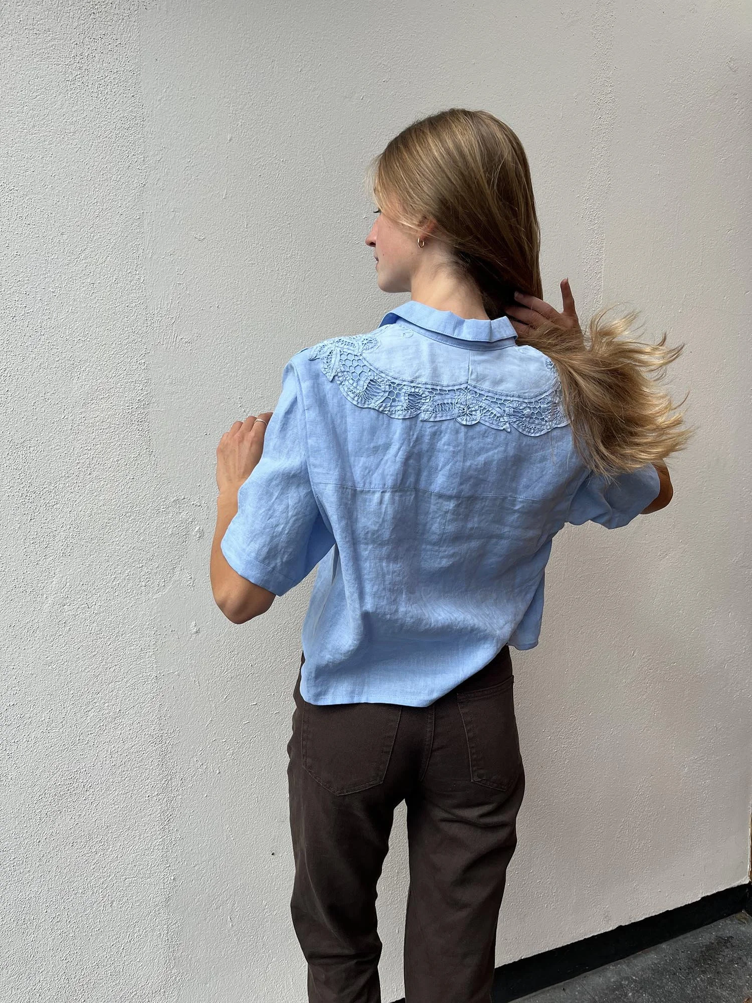 Cornflower blue Irish linen cropped shirt with vintage lace at shoulders and shell buttons