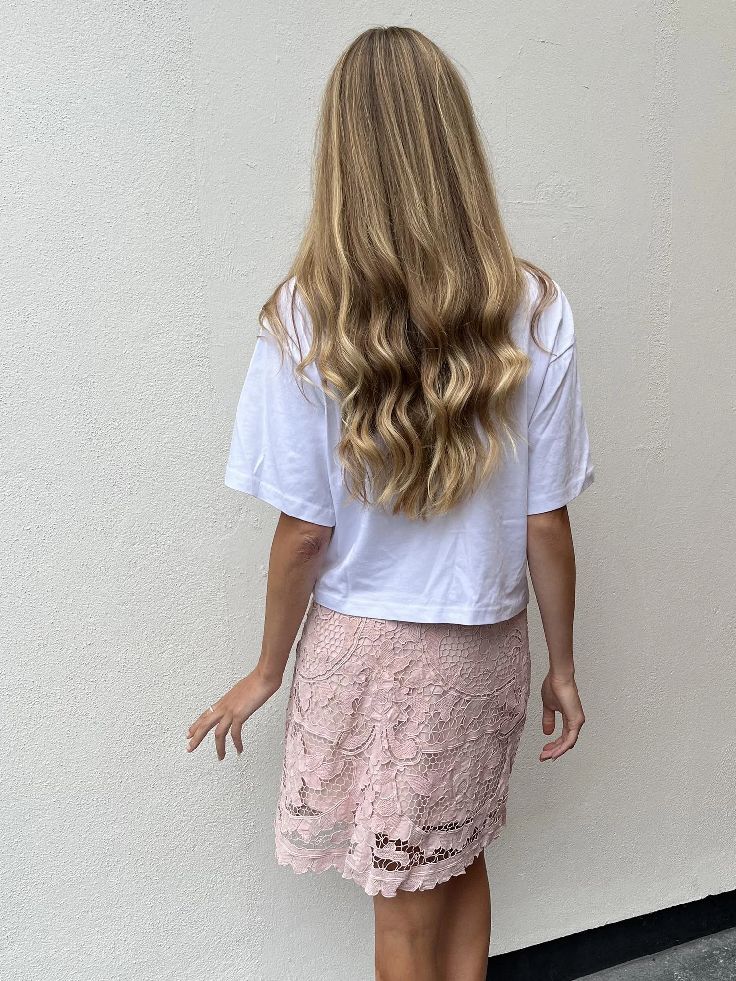 Pale pink A-line mini skirt, up-cycled from antique Madeira cutwork lace