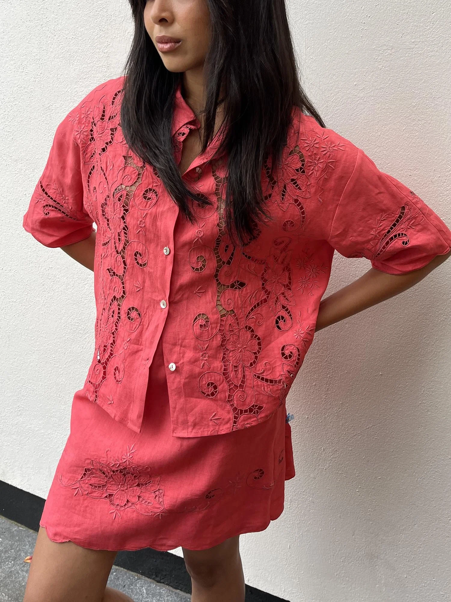 Coral coloured A-line skirt, up-cycled from an antique, embroidered, cutwork lace tablecloth