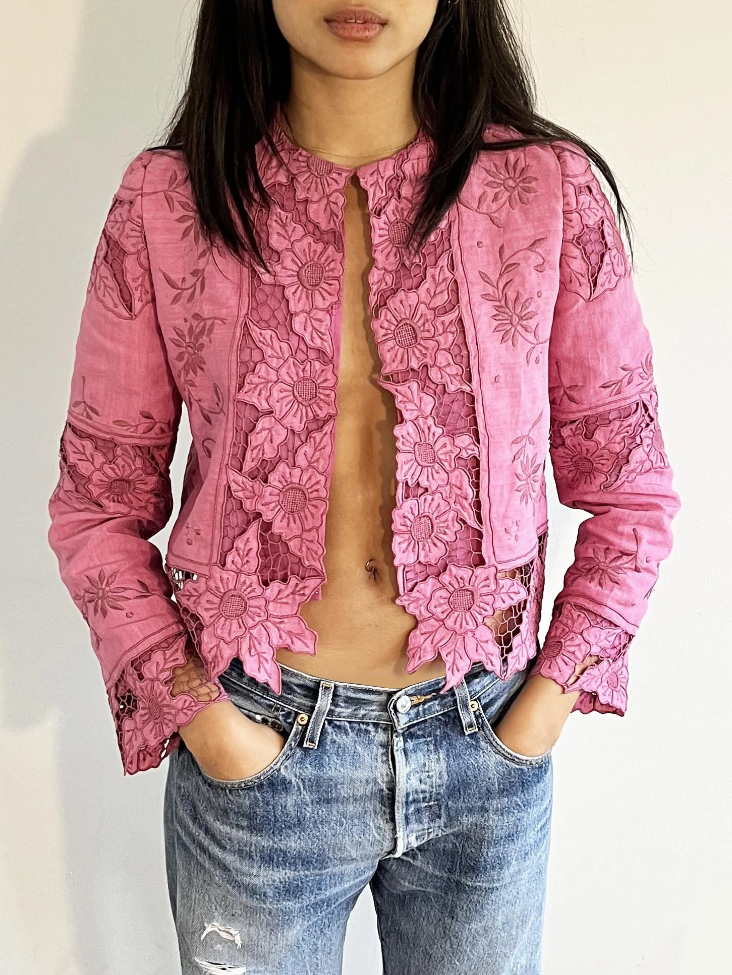 Pink cropped women’s jacket up-cycled from an antique embroidered linen, cutwork tablecloth