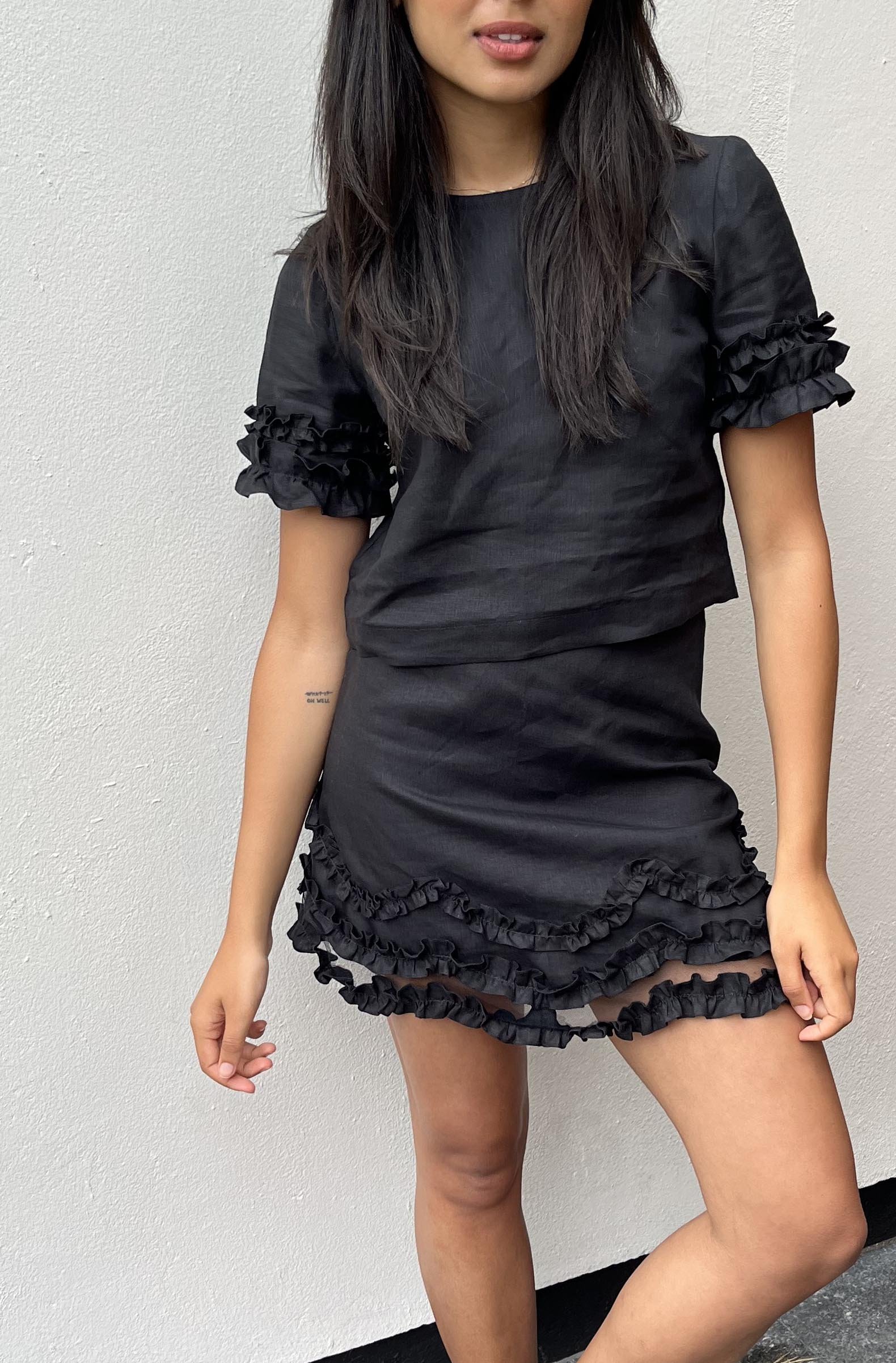 Black Irish linen top with frills at sleeves