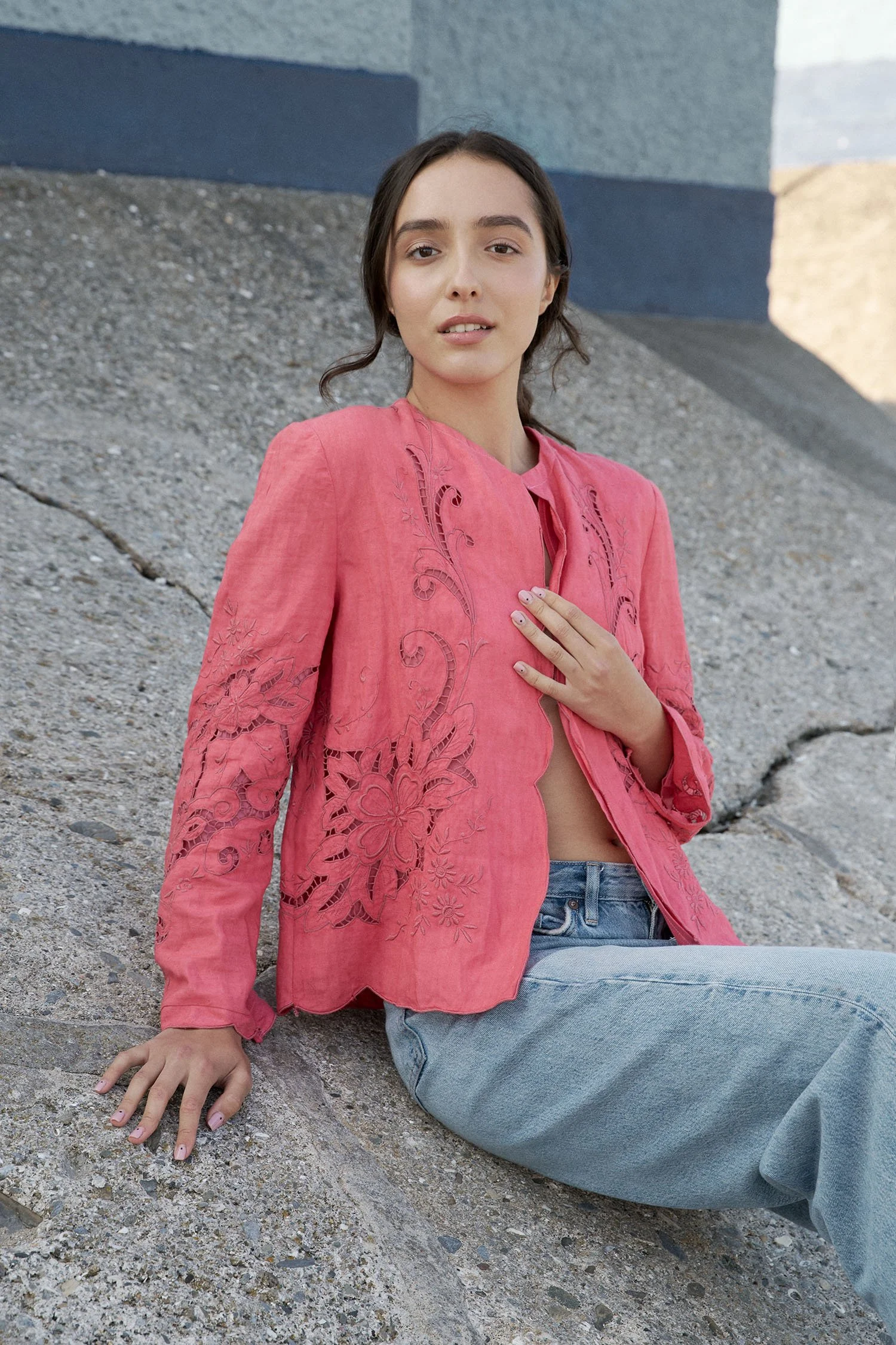 Jacket upcycled from vintage embroidered cutwork linen textile