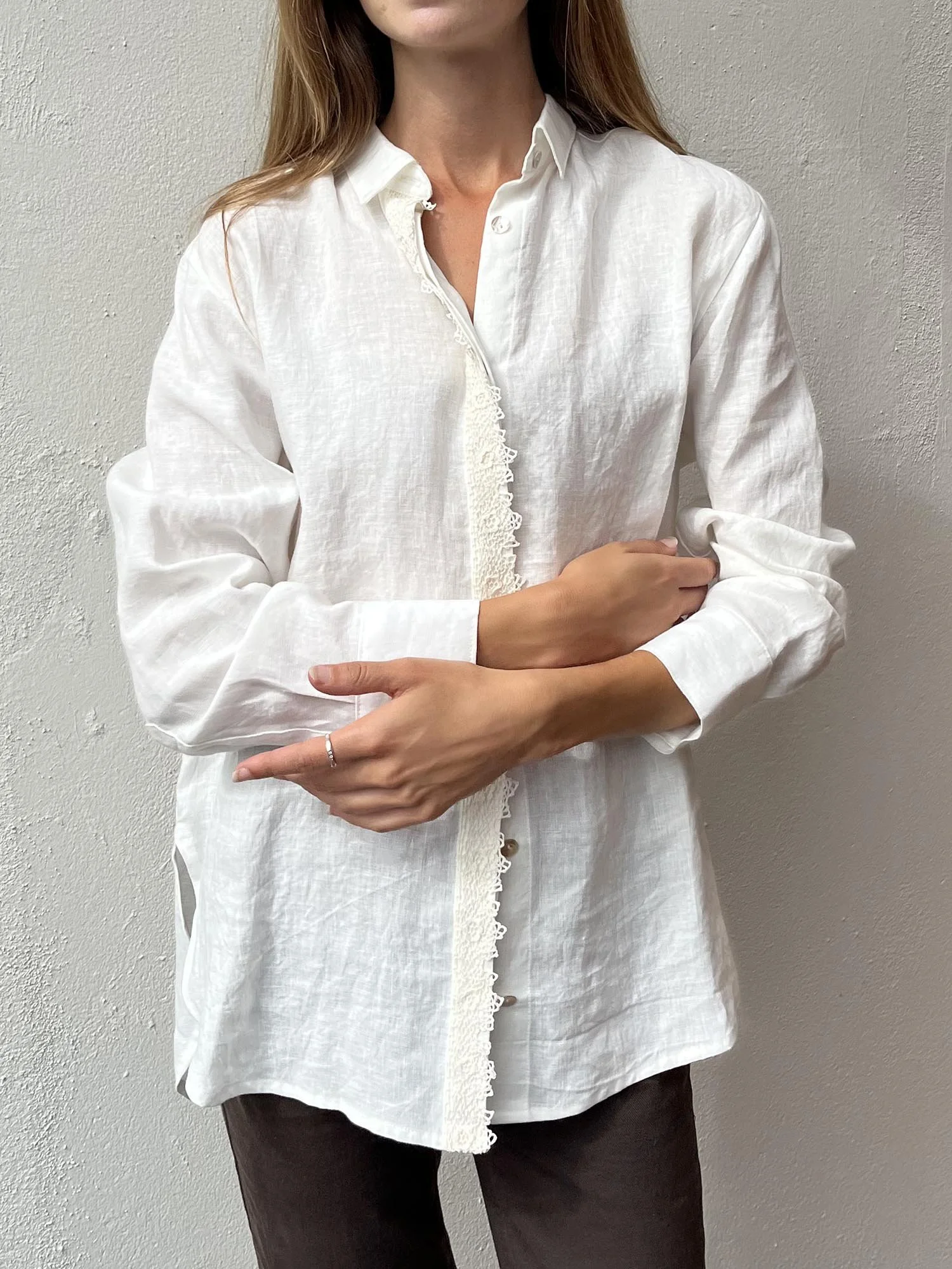 Ivory long sleeved shirt made from Irish linen, with handmade, antique crochet Irish lace at front