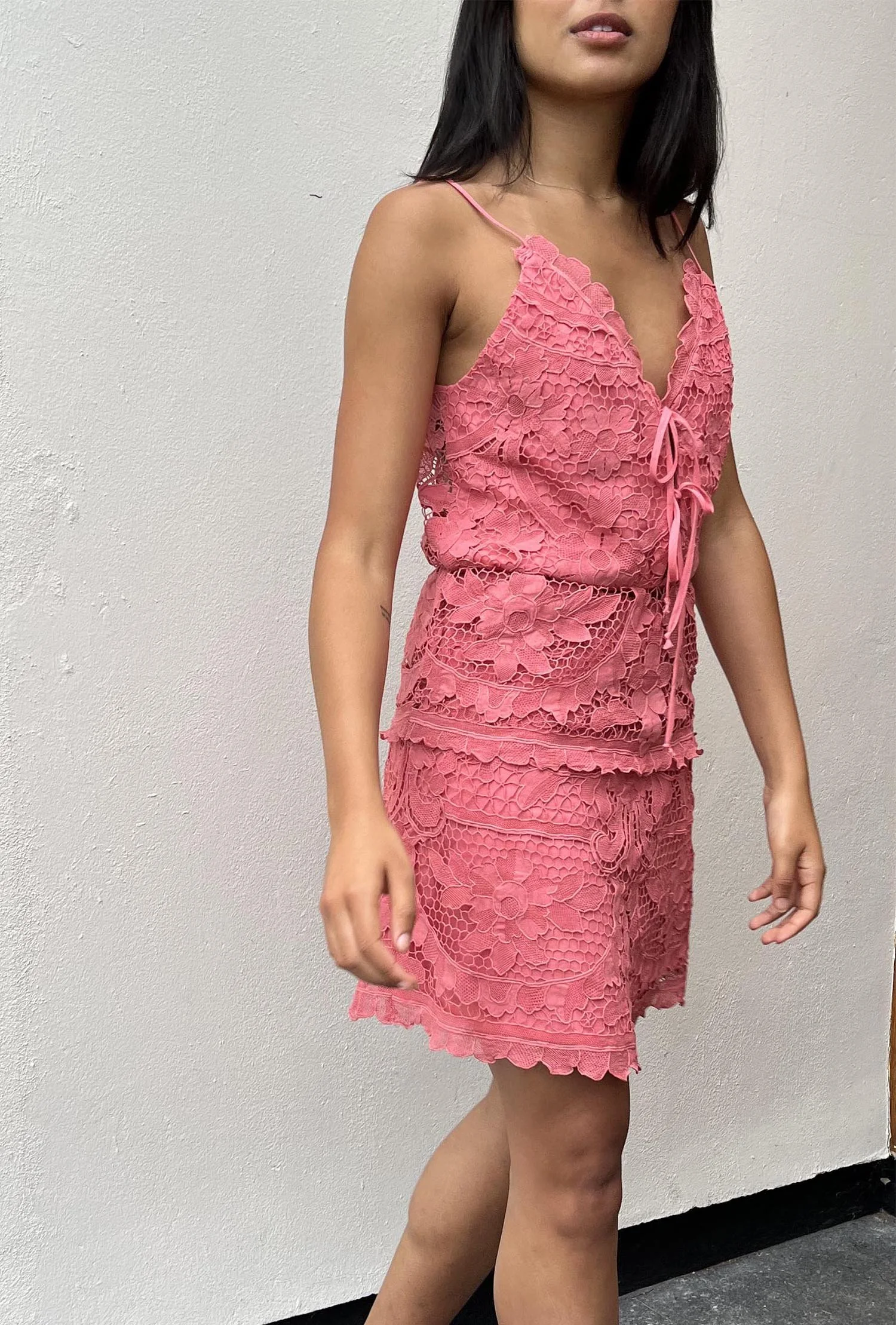Coral coloured camisole top, with ties at front, up-cycled from an antique Madeira cutwork lace tablecloth