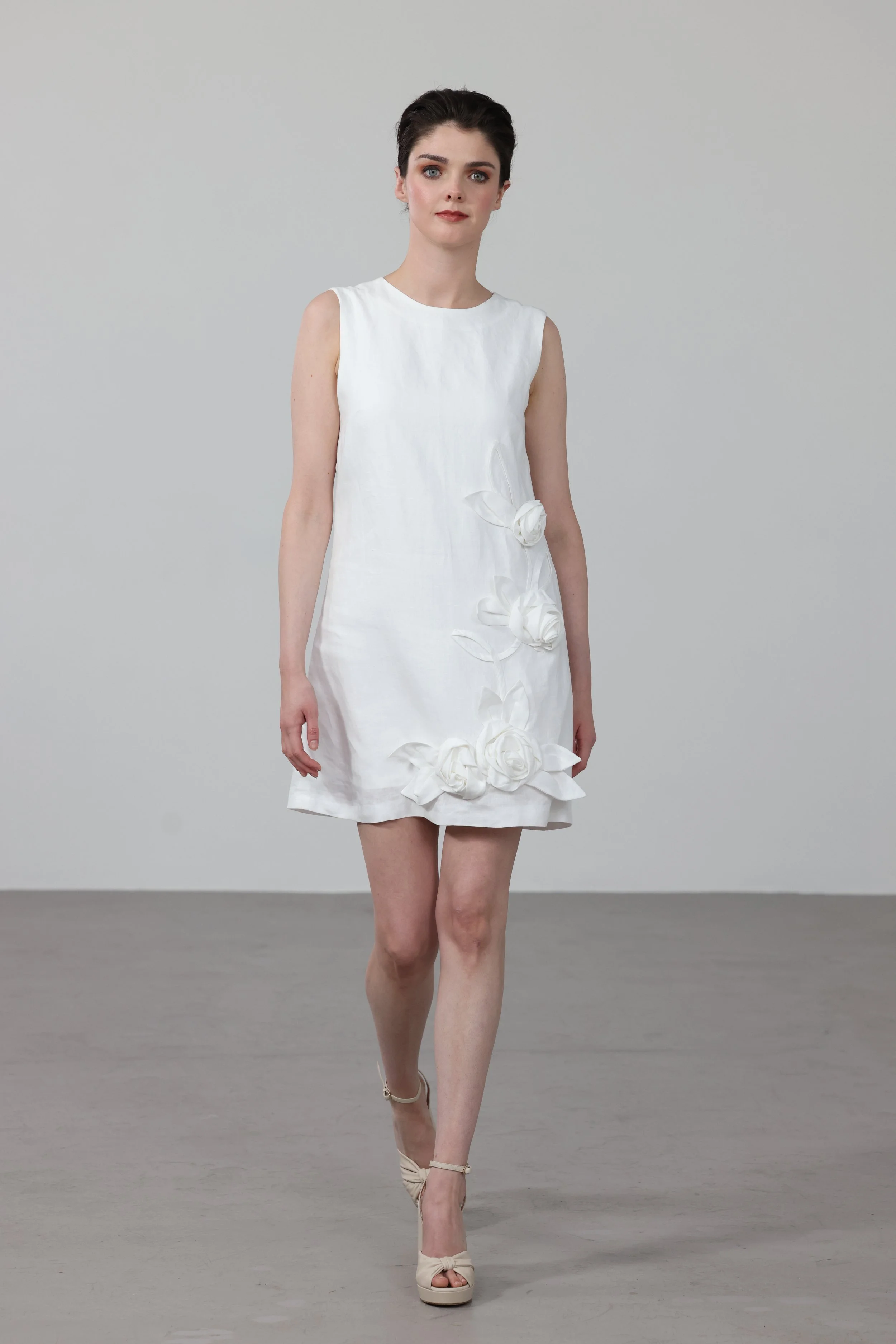 White Irish linen shift dress with linen flower embellishment and Lenzing ecovero satin lining