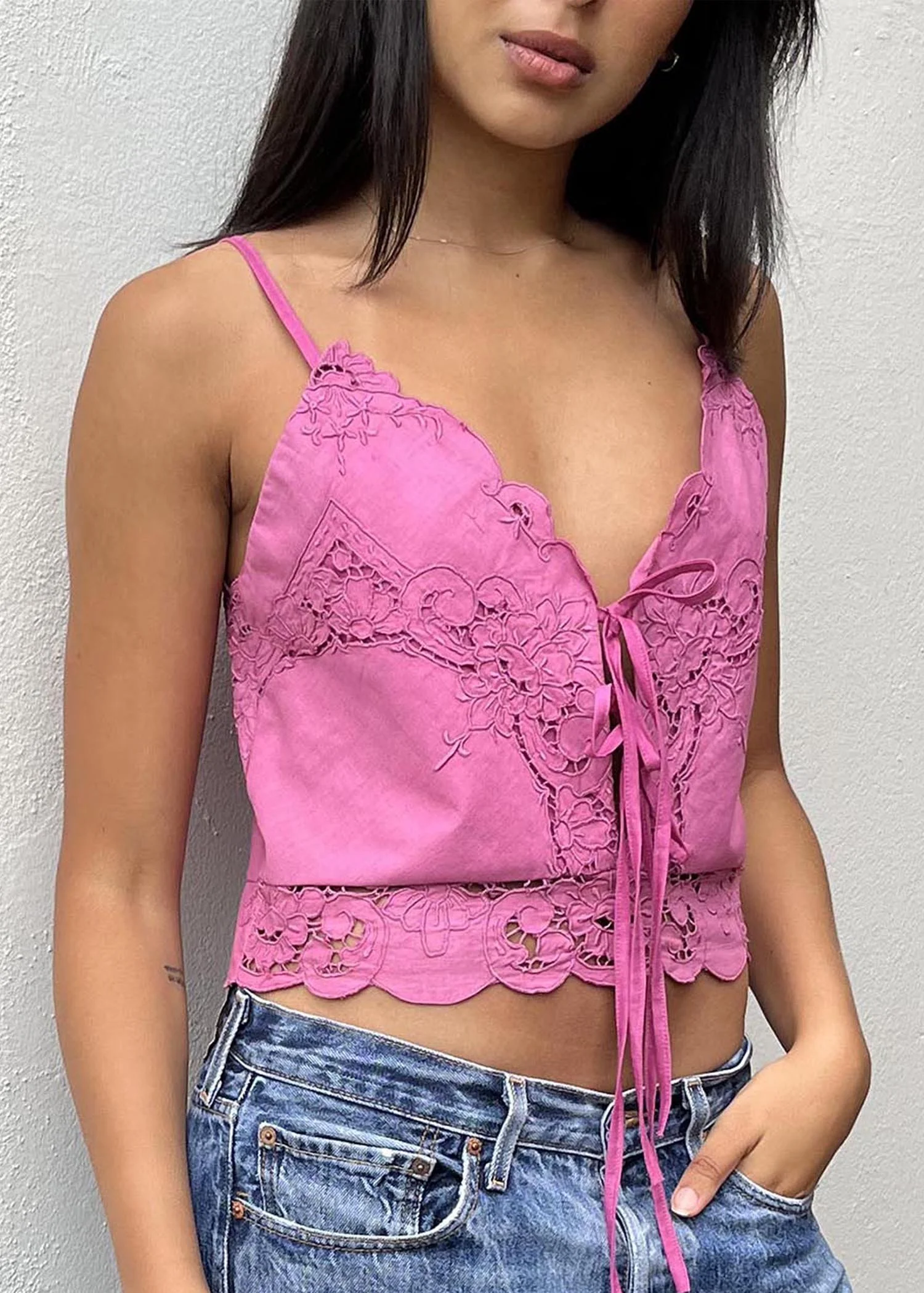 Pink embroidered, cutwork linen camisole top up-cycled from a vintage textile