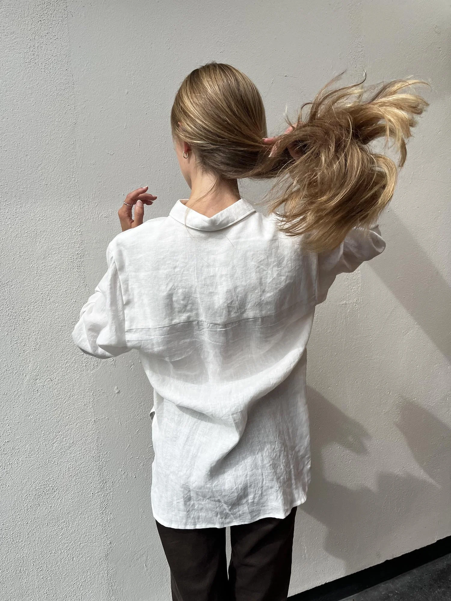Ivory long sleeved shirt made from Irish linen, with handmade, antique crochet Irish lace at front