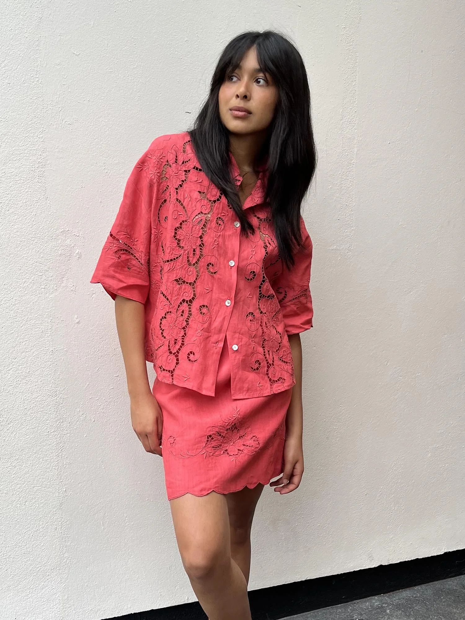 Coral coloured A-line skirt, up-cycled from an antique, embroidered, cutwork lace tablecloth