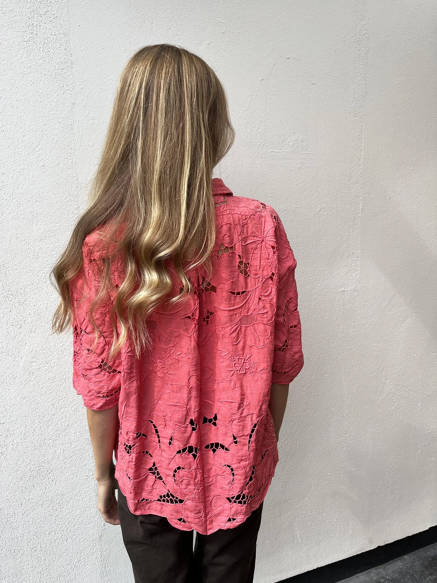 Coral coloured vintage cutwork lace shirt, up-cycled from an antique lace tablecloth