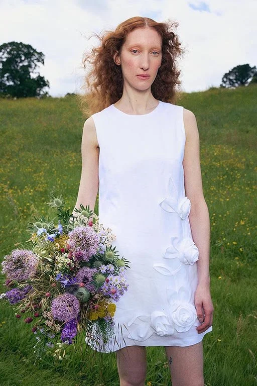 White Irish linen shift dress with 3d linen flower floral appliques.
