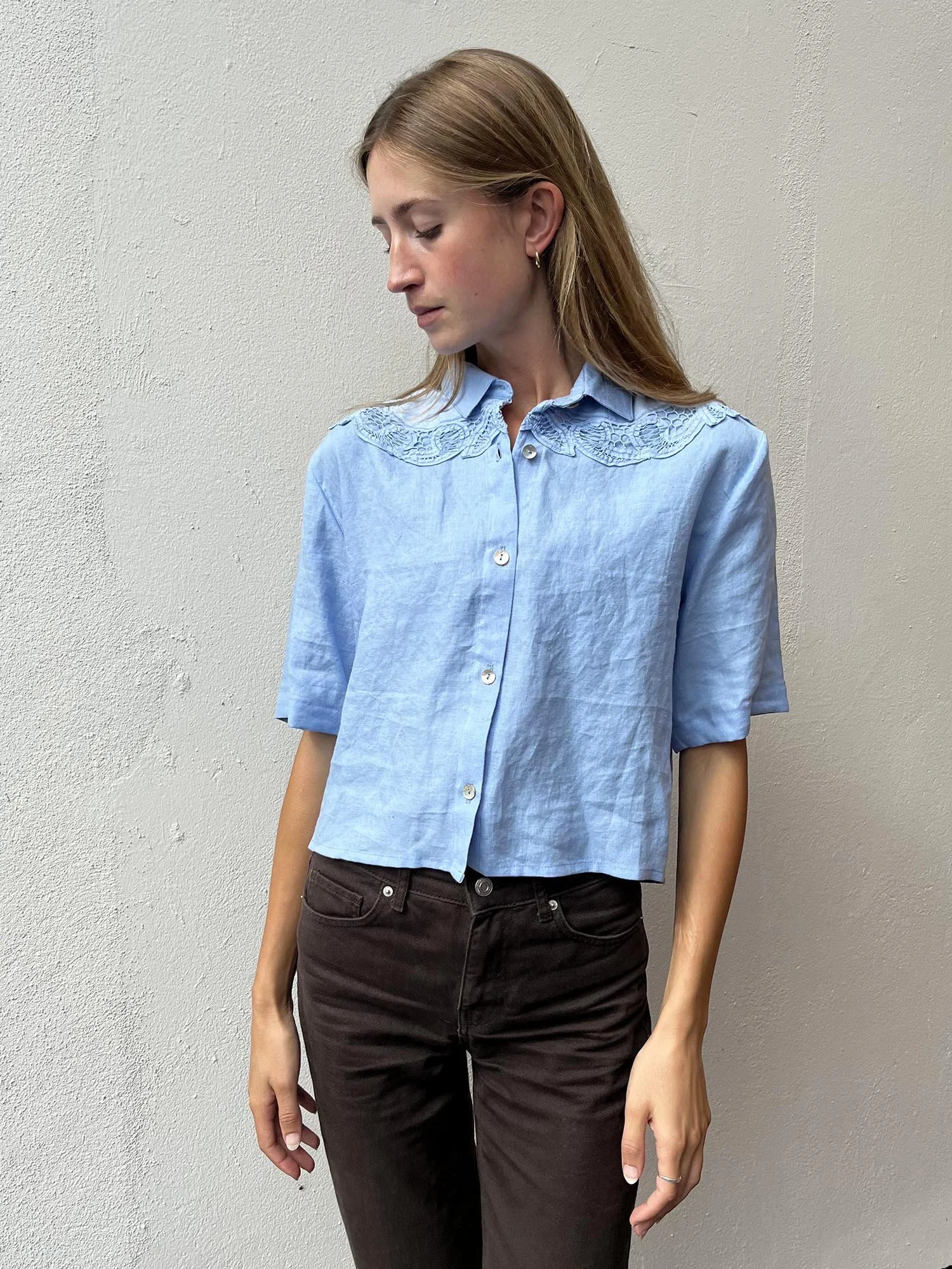 Cornflower blue Irish linen cropped shirt with vintage lace at shoulders and shell buttons