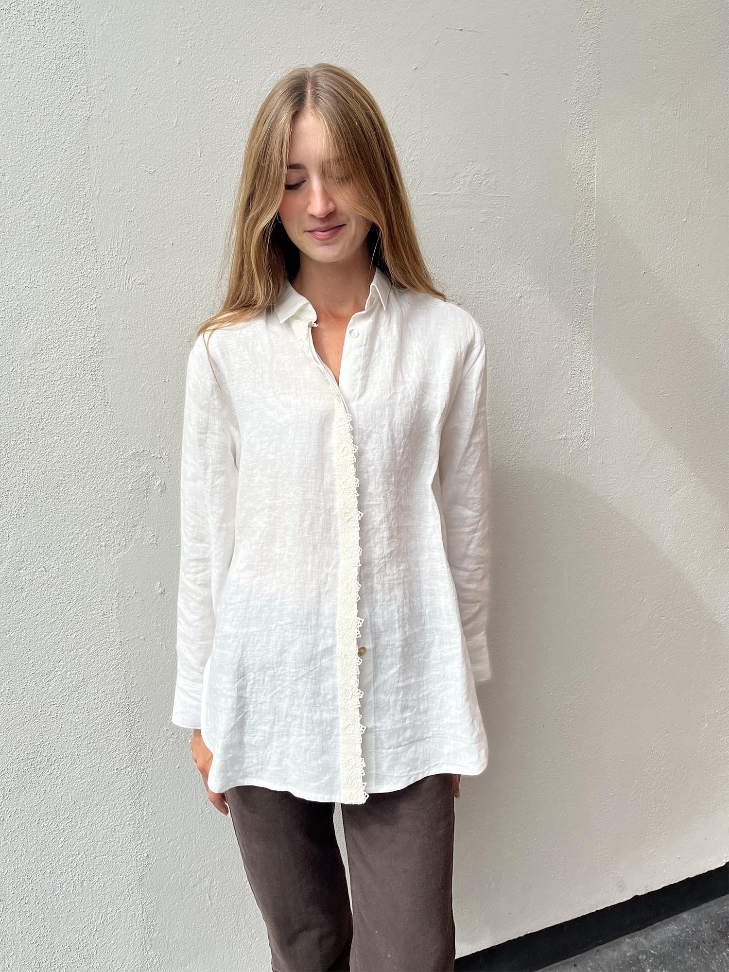 Ivory long sleeved shirt made from Irish linen, with handmade, antique crochet Irish lace at front