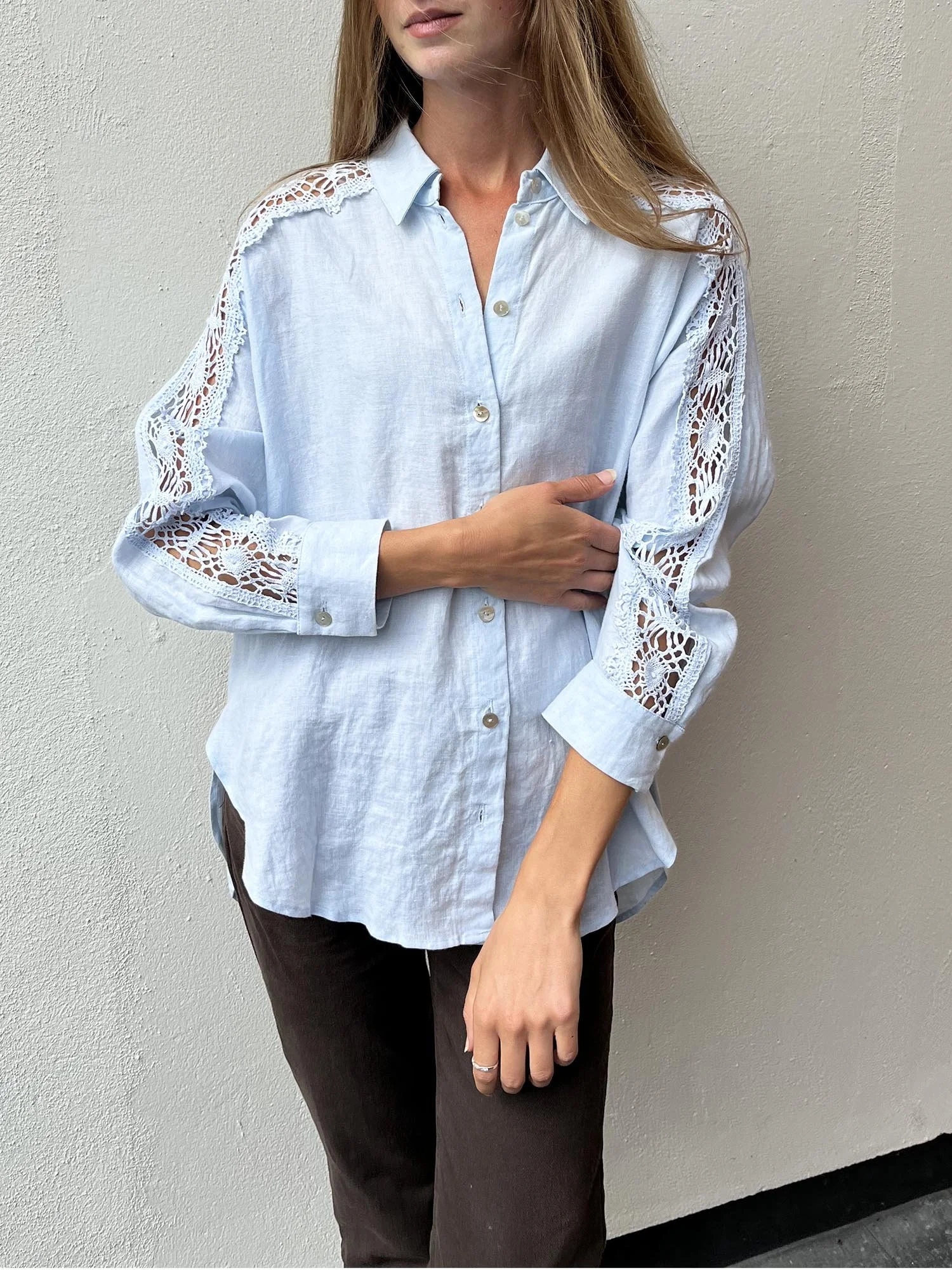 Pale blue Irish linen, long sleeve shirt with vintage lace on sleeves