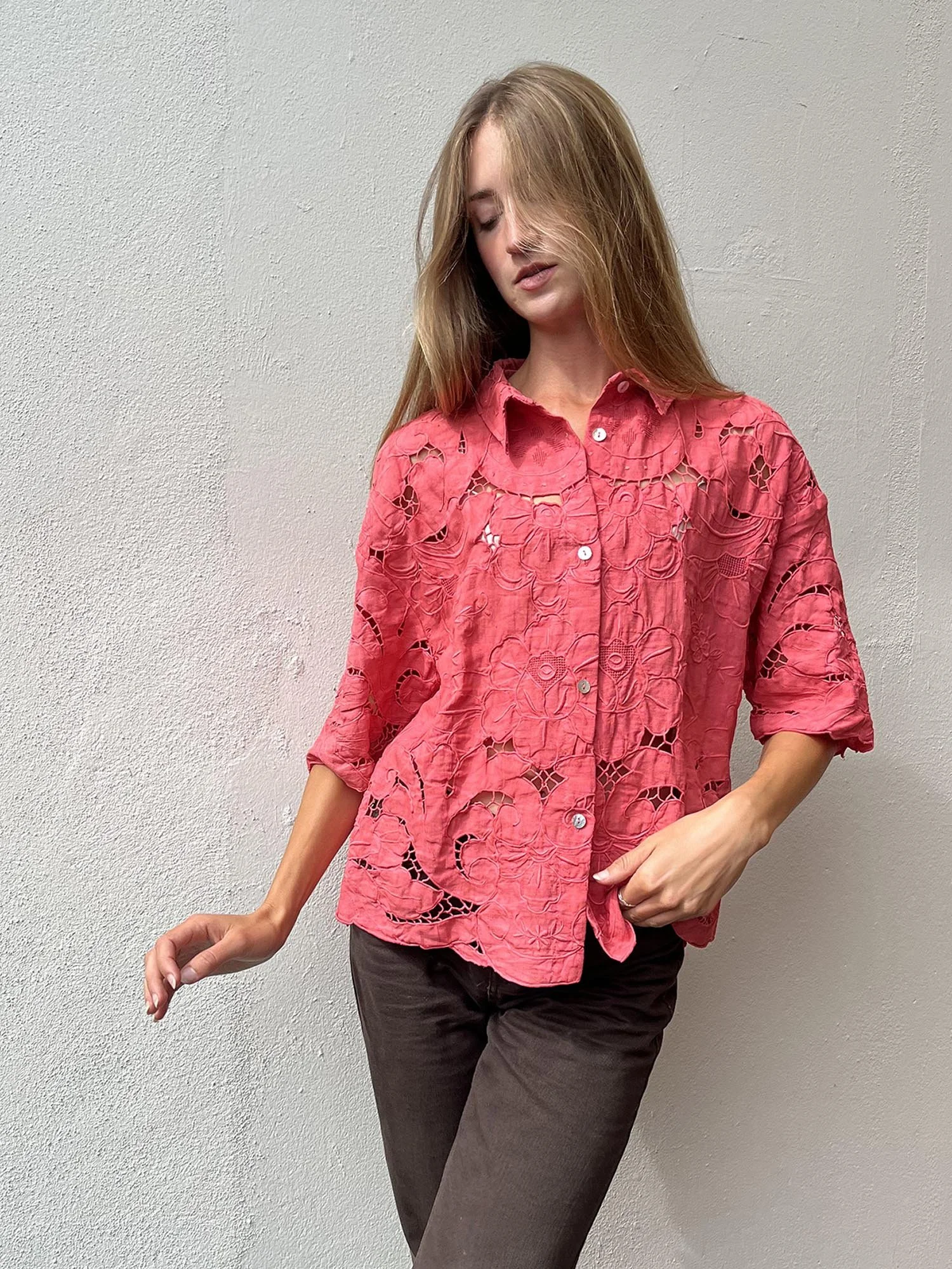 Coral coloured vintage cutwork lace shirt, up-cycled from an antique lace tablecloth