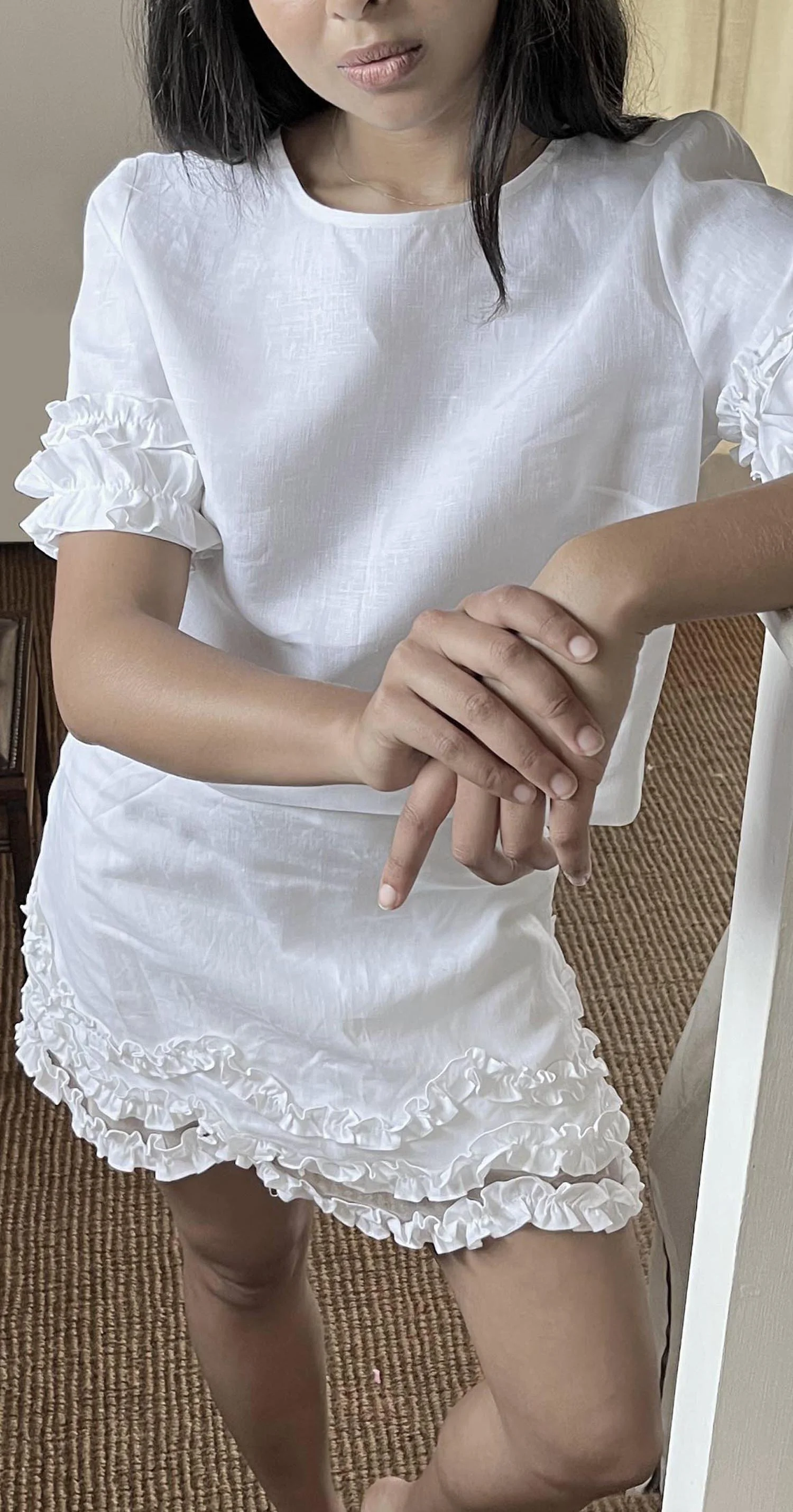 White Irish linen A-line mini skirt with three frills at hem