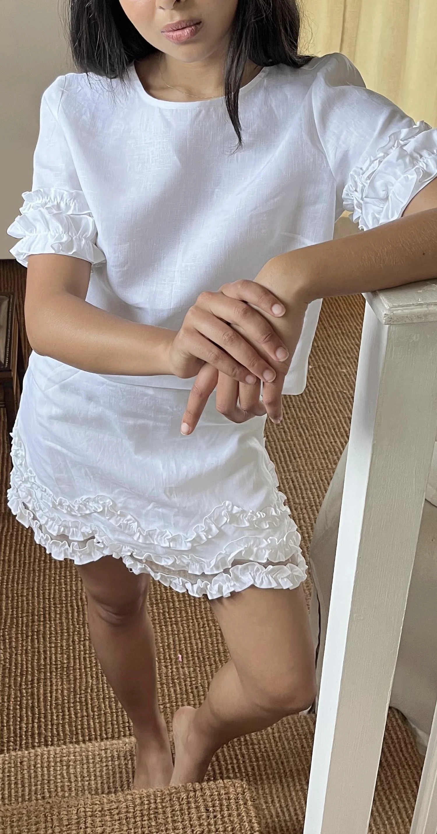 White top and skirt set made from 100% Irish linen, with frills at sleeves and skirt hem