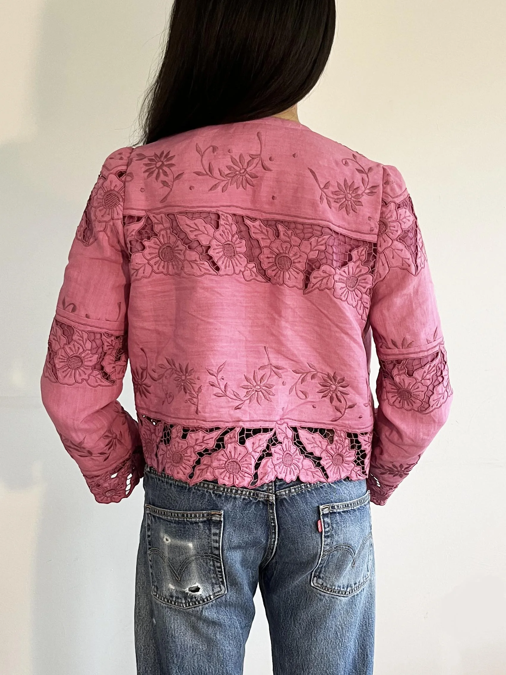 Pink cropped women’s jacket up-cycled from an antique embroidered linen, cutwork tablecloth