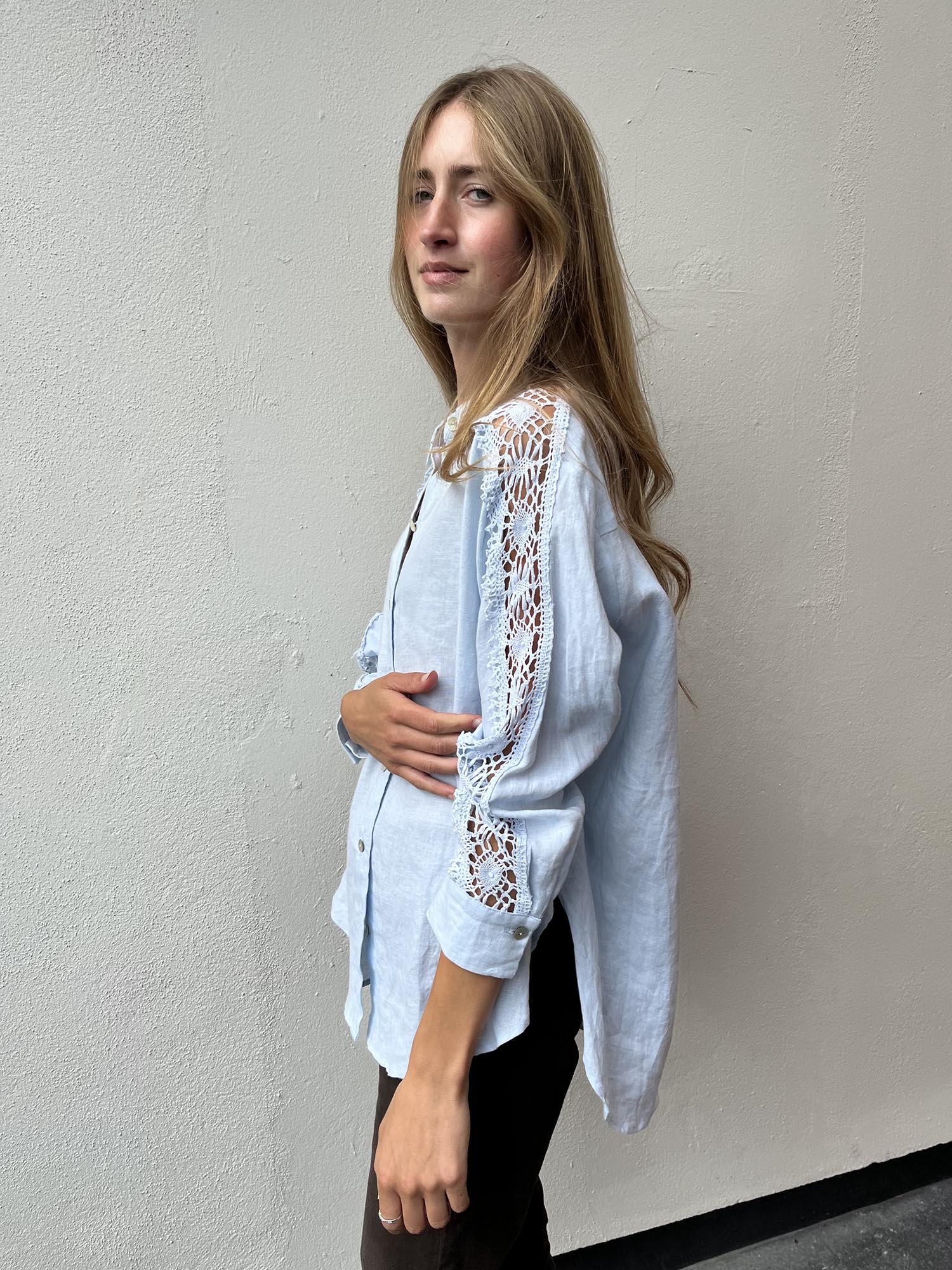 Pale blue Irish linen shirt with vintage lace on sleeves